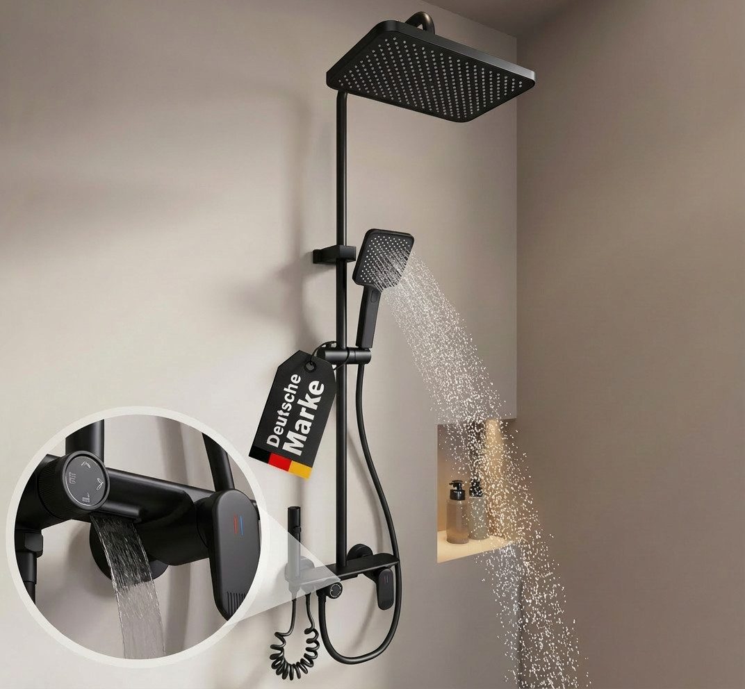 AQUANOBLE SYSTEMS Badarmatur Duschsystem Messing 4 Funktionen (komplett Set) Keramik Mischventil, Edelstahl Duschsäule, Höhenverstellbar