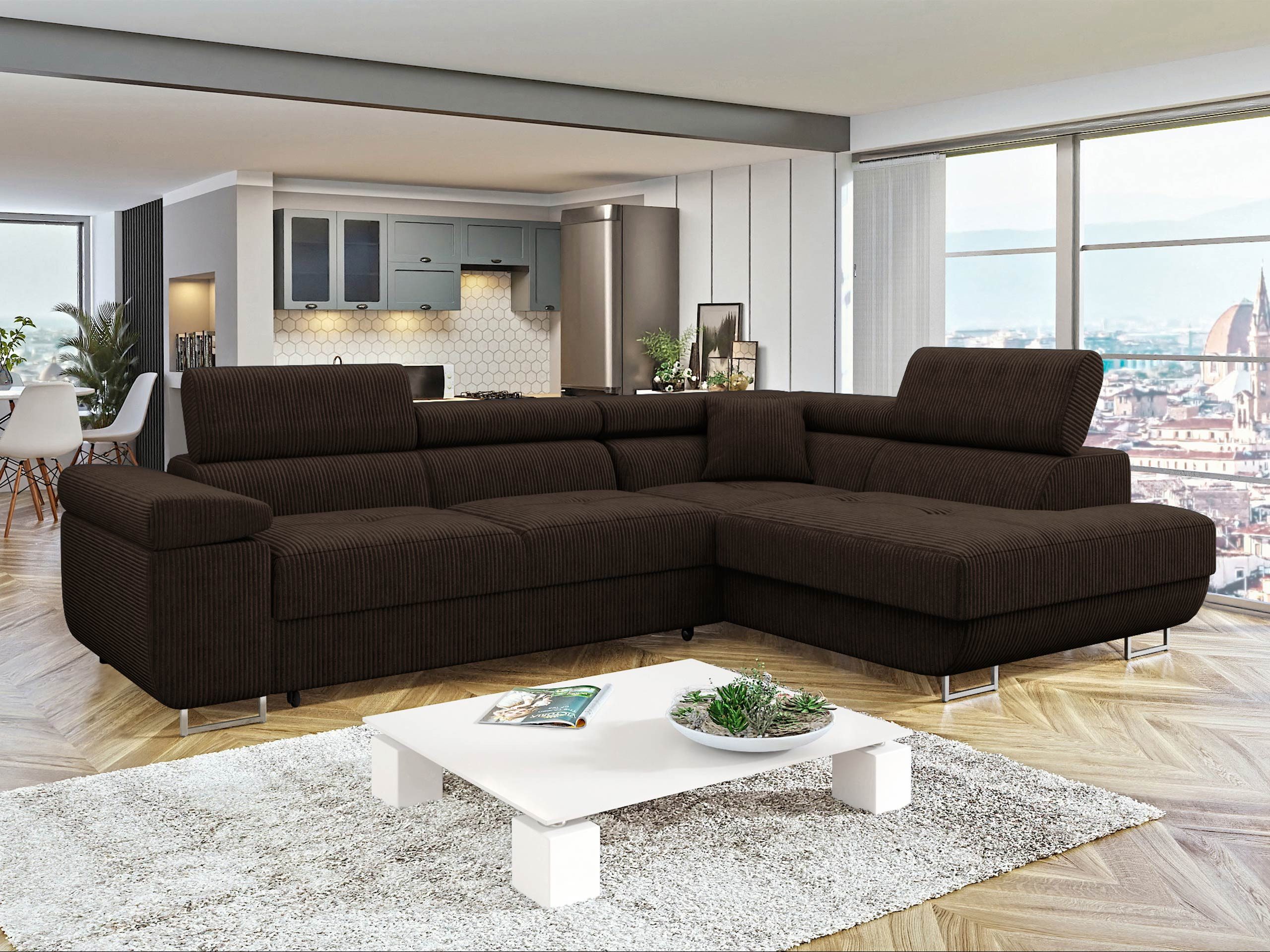 MIRJAN24 Ecksofa Torezio Cord, mit Bettkasten und Schlaffunktion, Einstellbare Kopfstützen, 274x203x70-90 cm