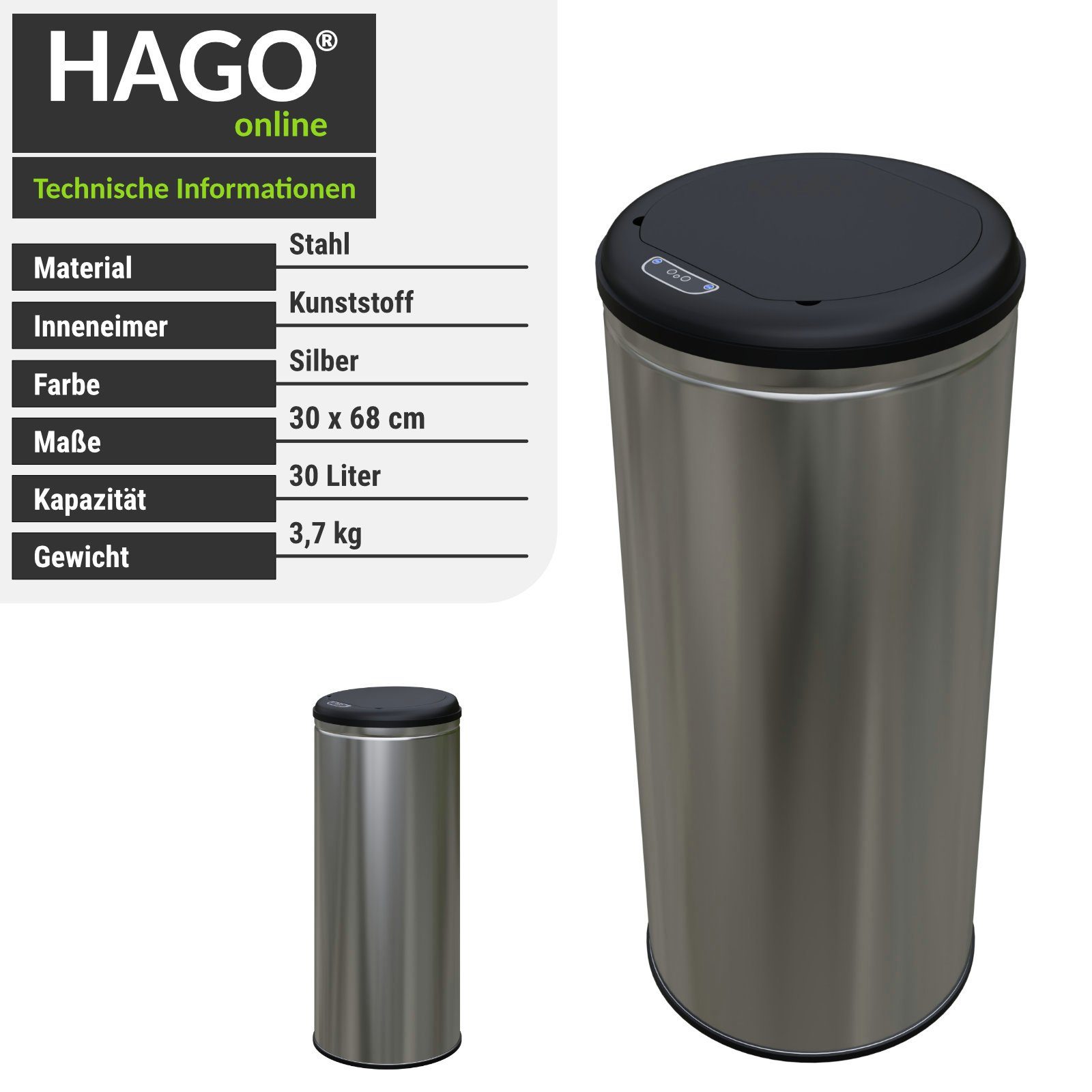 HAGO Mülltrennsystem Premium Edelstahl silber Sensor Papierkorb Mülleimer Automatik Abfalleimer