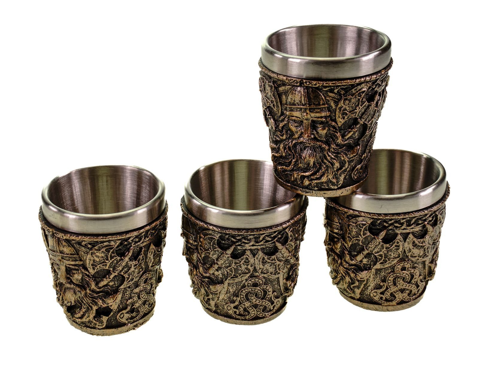 Vogler Dekofigur 4er Set Wikinger Shotglas mit Stahleinsatz Odin Schnapsglas Poly