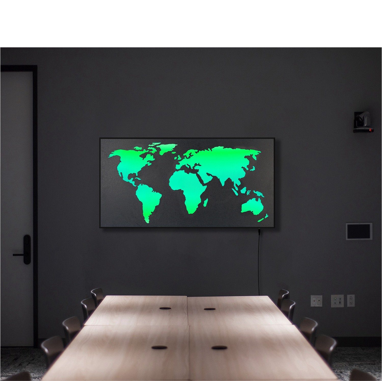 ZENLED Wanddekoobjekt Weltkarte MASCHERA ALU-Rahmen STEIN-Optik 110x57cm - Industrielle Deko, Maske hinterleuchtet mit bunt steuerbaren RGB LEDs über Fernbedienung Holzplatte in Granit-Schwarz Optik