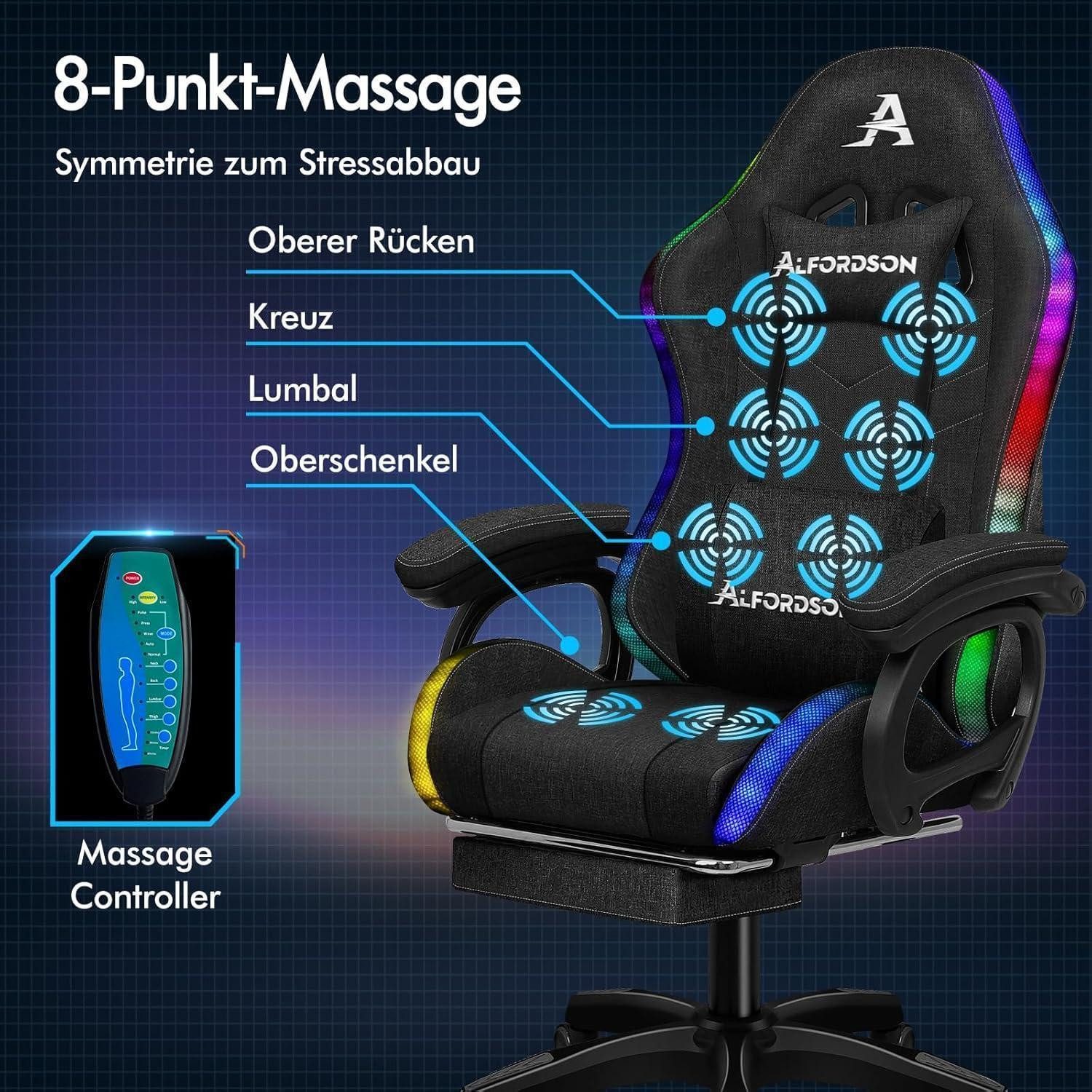LuxusKollektion Gaming-Stuhl Gamer Stuhl Ergonomisch mit Massagefunktion Schwarz Leinenstoff