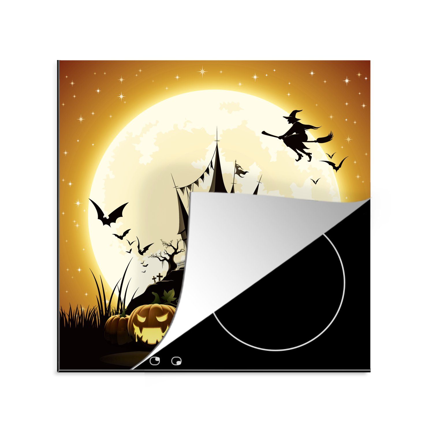 MuchoWow Herdblende-/Abdeckplatte Eine Illustration einer Hexe, die zu Halloween über ein Schloss fliegt, Vinyl, (1 tlg), 78x78 cm, Ceranfeldabdeckung, Arbeitsplatte für küche