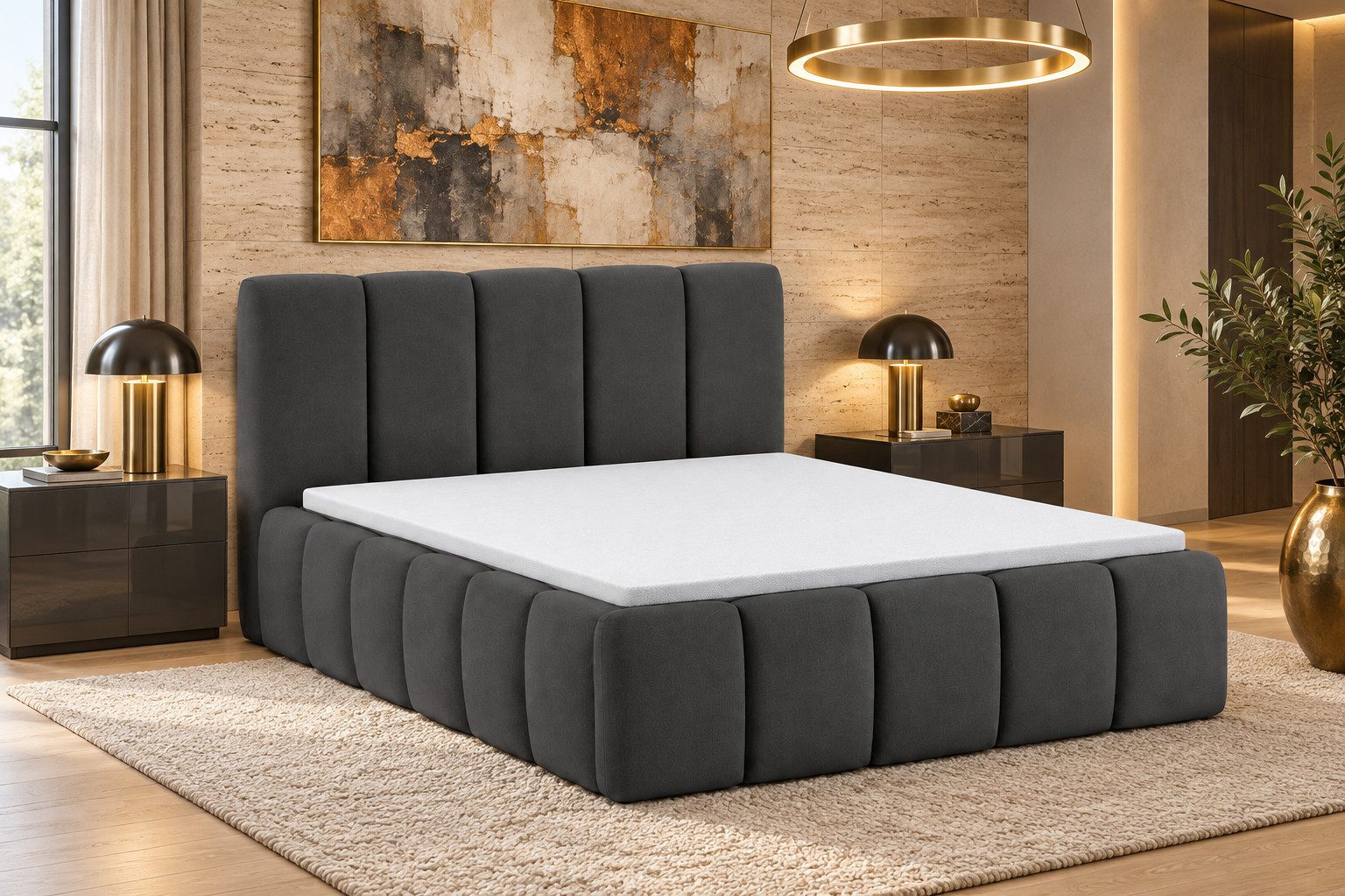 M-Punkt24 Boxspringbett HAVANNA Bucle BUBBLE mit 7 Zonen Taschenfederkernmatratze Visco Topper (180 x 200 cm, Anthrazit), Bettkasten, Polsterbett