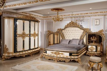 Casa Padrino Bett Schlafzimmer Set Gold / Weiß / Blau / Gold - 1 Doppelbett mit Kopfteil & 2 Nachtkommoden - Schlafzimmer Möbel im Barockstil - Edel & Prunkvoll