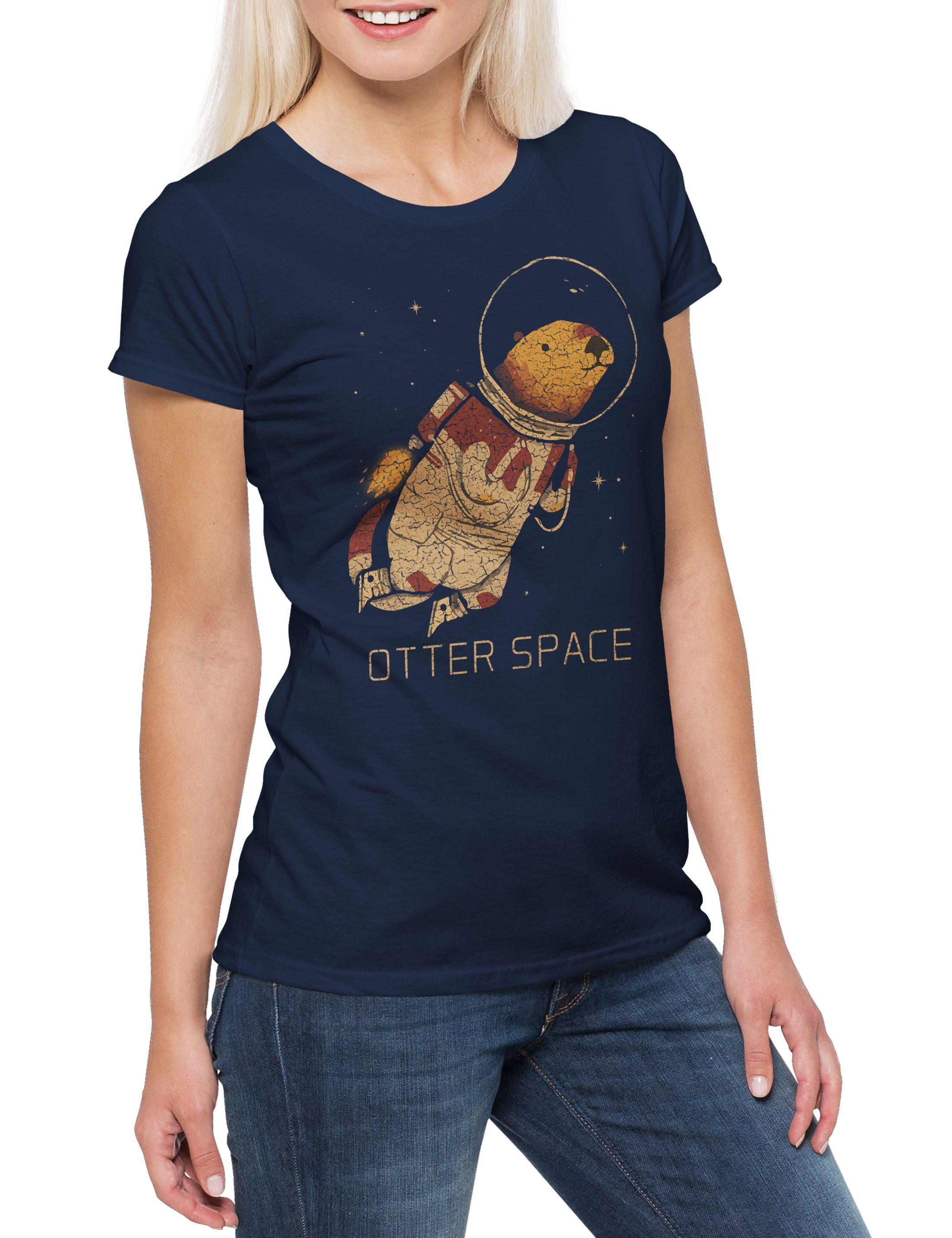 Print-Shirt Otter Space Damen T-Shirt Wildlife lontra nutria Fischotter Geek Nerd