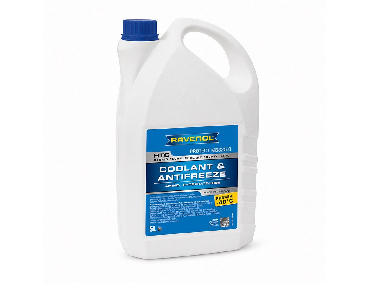 Ravenol Kühlerfrostschutz HTC Premix -40°C Protect MB 325.0 Kühlmittel Fertigmischung Blau, 5 l, 5L Kühlmittel Premix – MB 325.0 – Frostschutz bis -40 °C