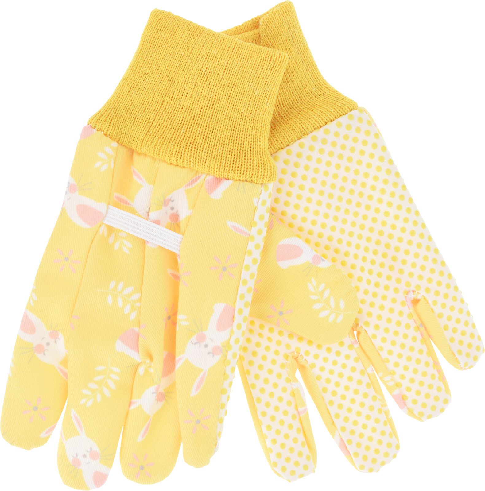 Koopman Gartenhandschuhe Kinderhandschuhe Tiermotiv Einheitsgröße Gartenarbeit Gelb (1-St) Gummiband, mit Häschen Motiv, UNi Size, Baumwolle