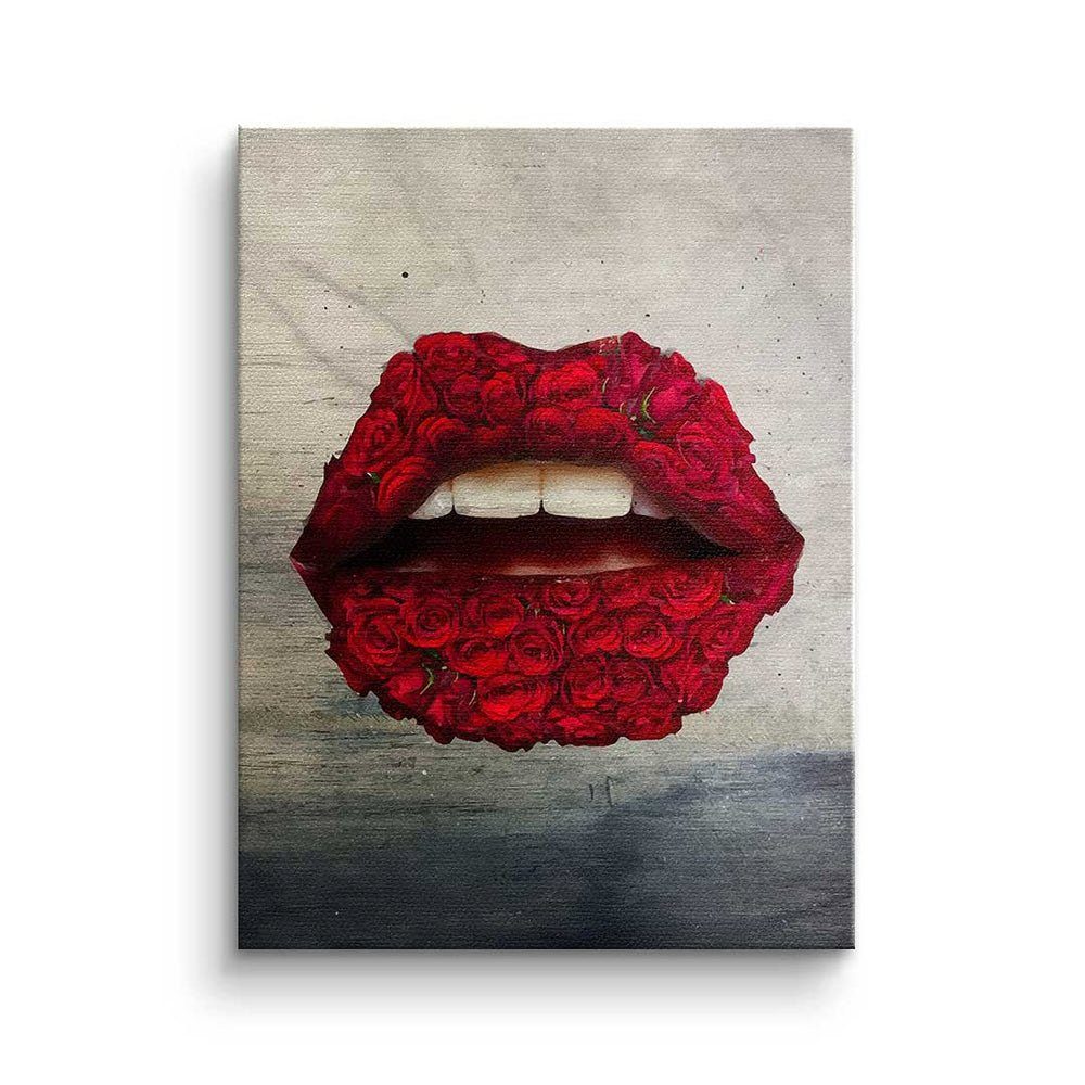 Lippen Leinwandbild - Wandbild Rahmen silberner Rosen Leinwandbild, modernes - Art Pop X Premium - DOTCOMCANVAS®