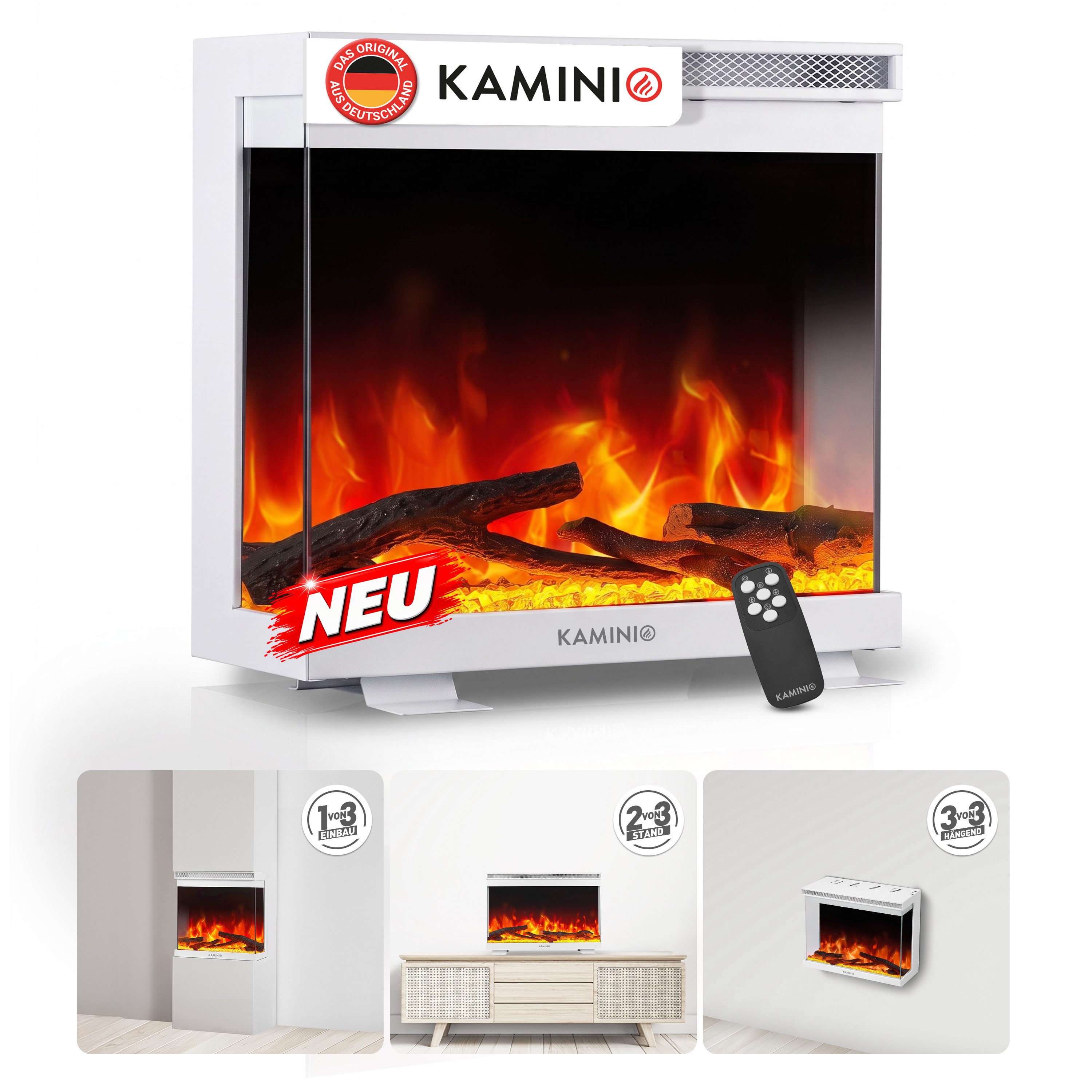 KAMINIO Elektrokamin LEA, 3in1 Kamin: Elektrischer Stand-, Wand- und Einbaukamin, Panoramaview