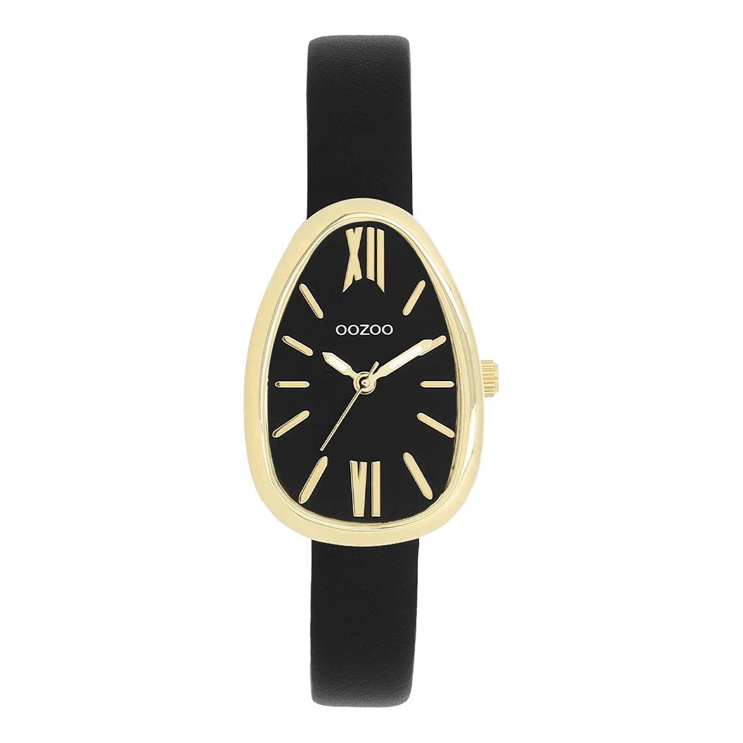 Quarzuhr Damenuhr C11640 – Gold, Schwarz, Lederband, Egg-Shape 22×31 mm