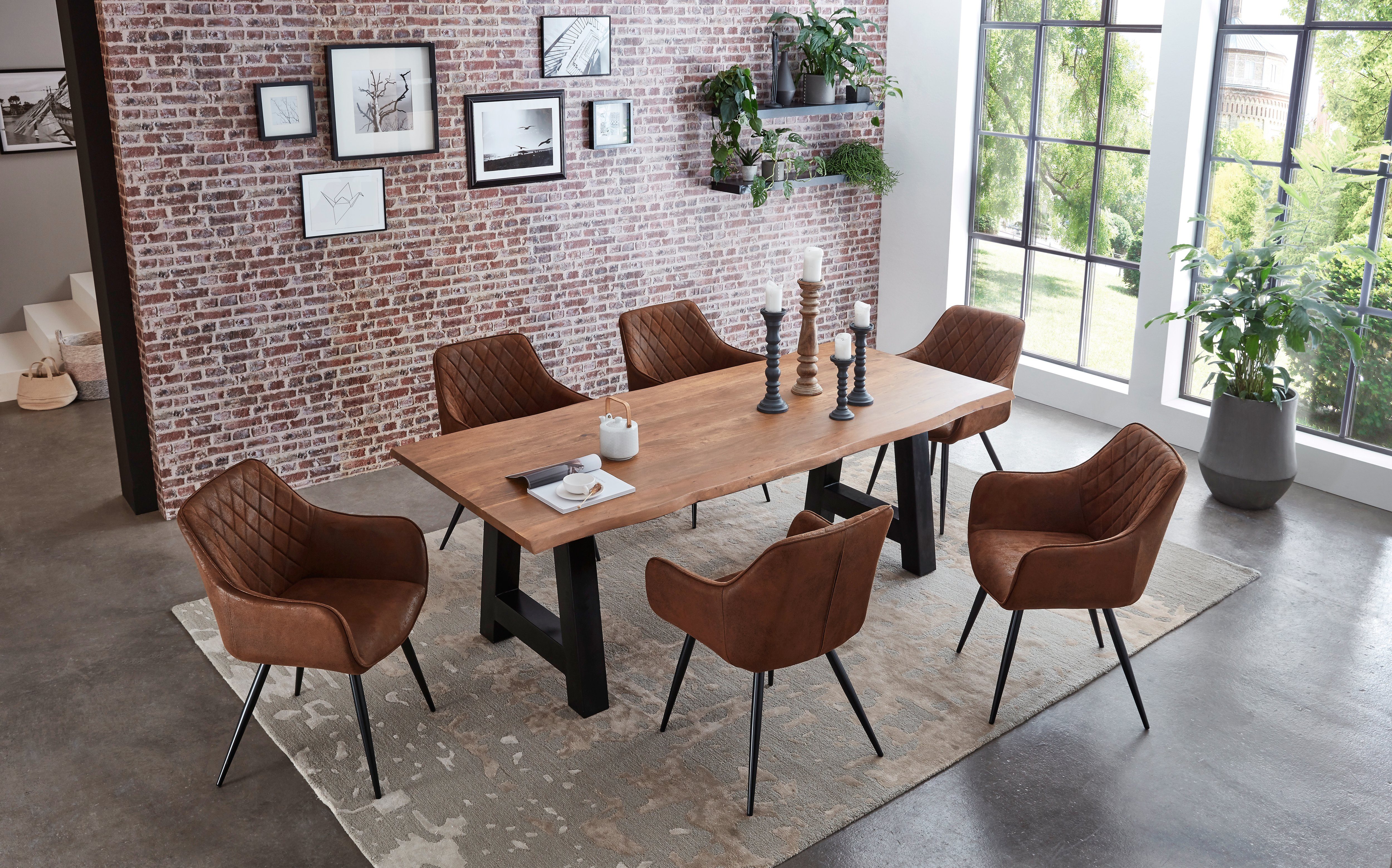 Junado® Essgruppe Athen, 7-tlg. mit Tisch Baumkante massiv A-Gestell schwarz und 6x Stühle naturfarben