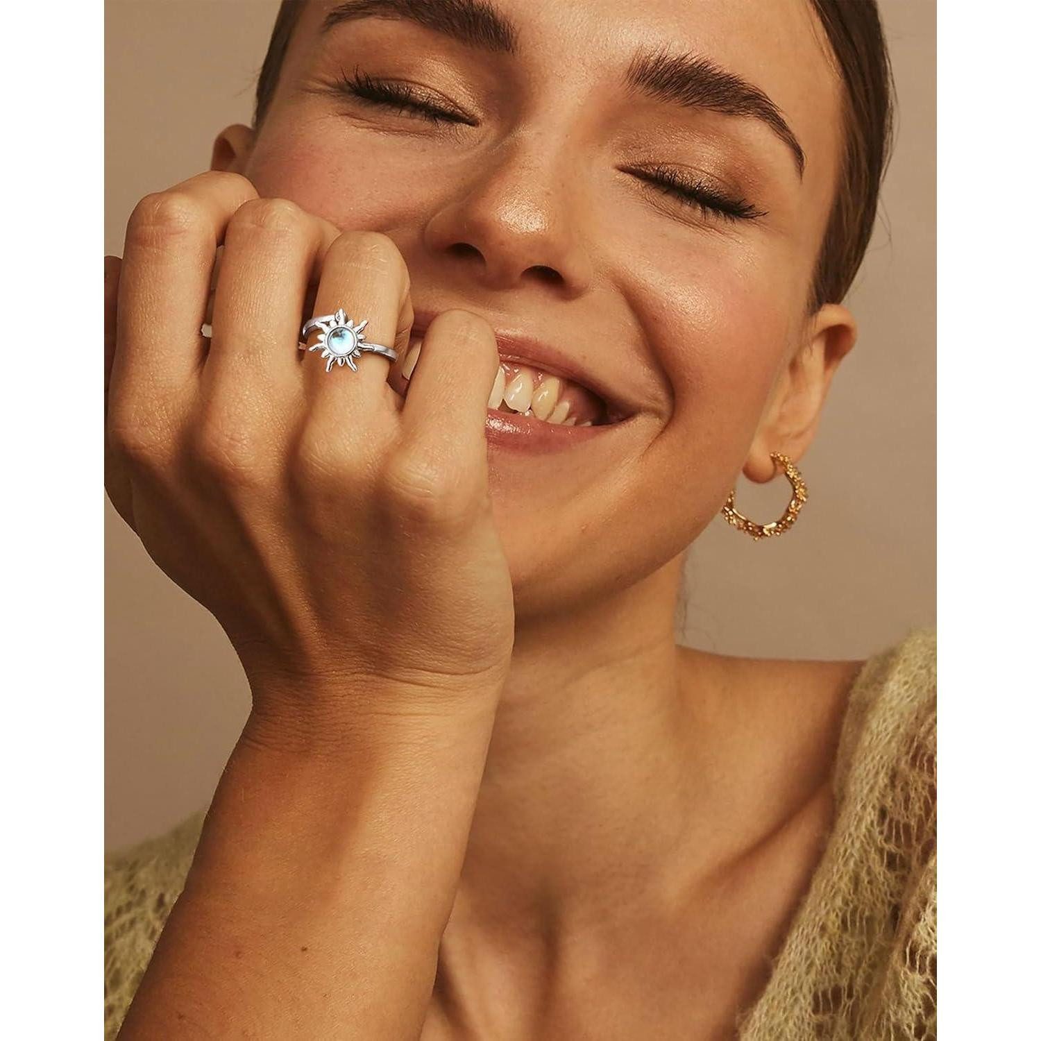 Adramata Silberring 2er Set Silber Spinner Ringe Sonnenblume Mondstein Verstellbar Anti