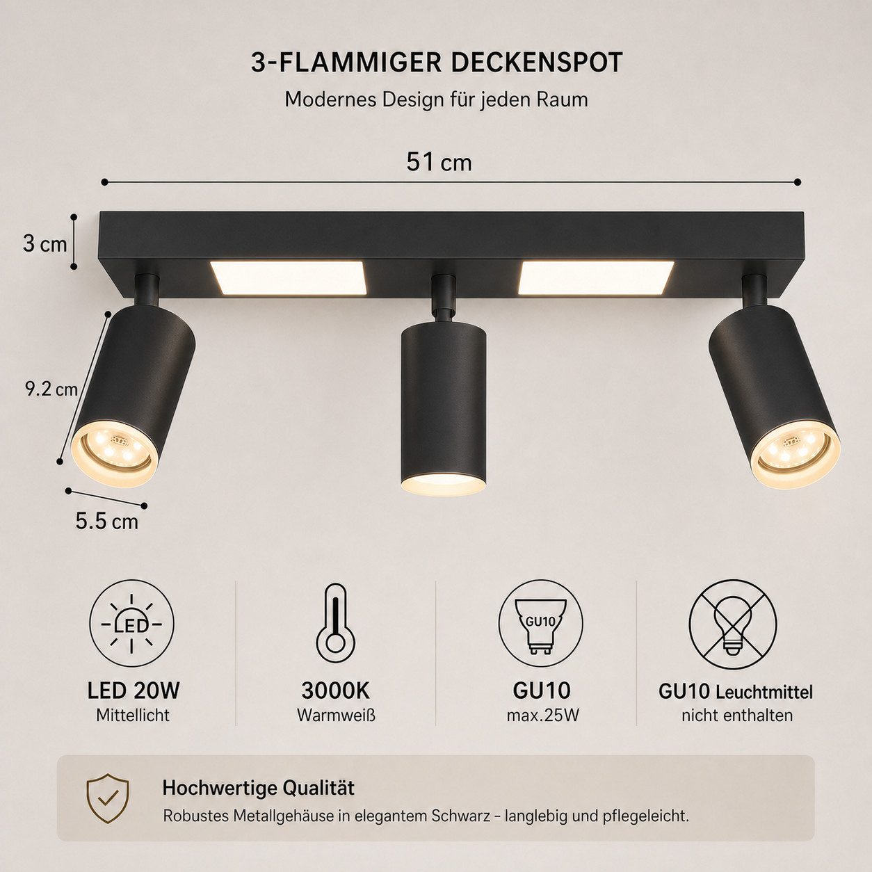 ZMH Deckenstrahler 3 Flammig Schwarz/Weiß GU10 Deckenlampe 20W 3000K für Flur und Küche, Einfache Installation, LED fest integriert, ohne Leuchtmittel, Warmweiß