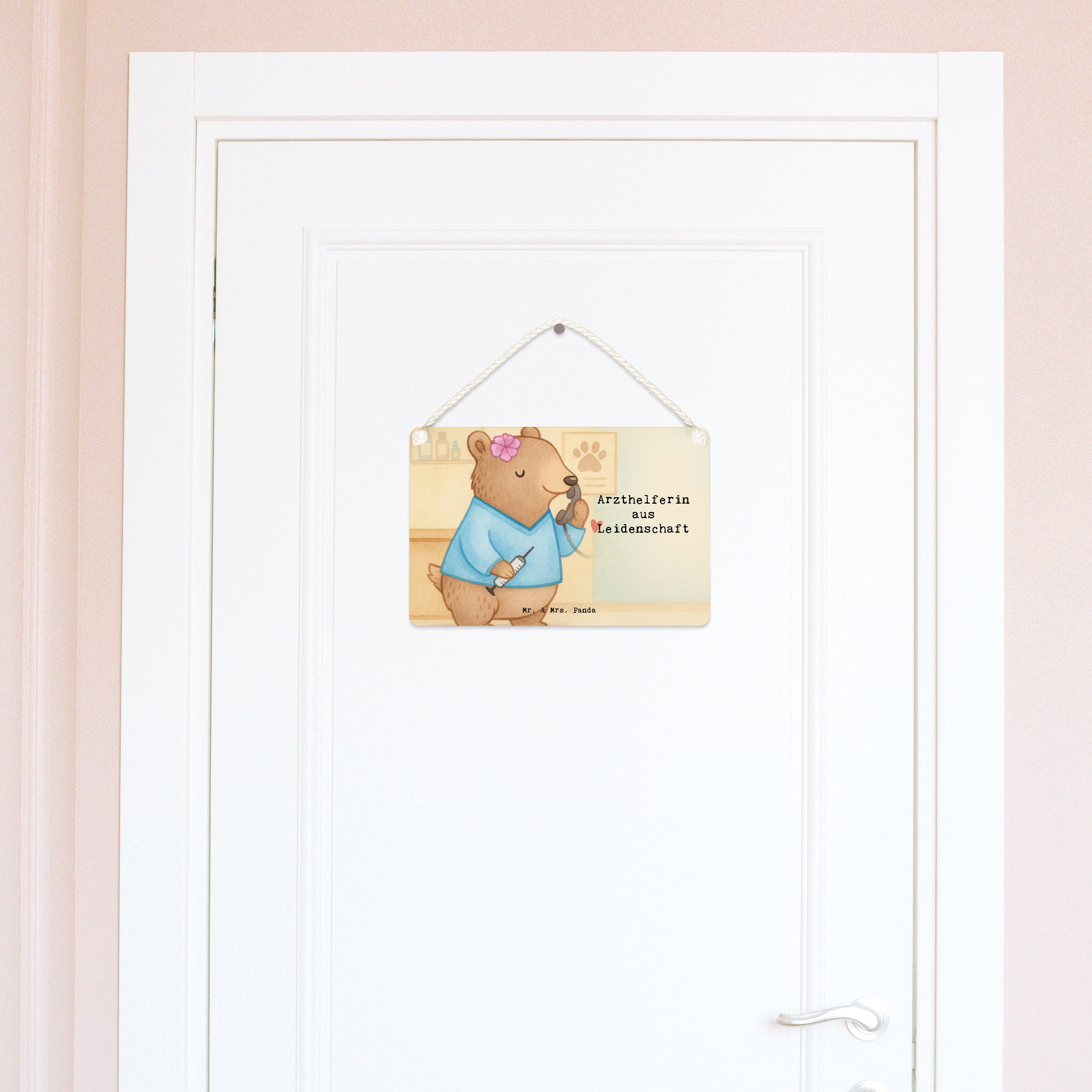 Mr. & Mrs. Panda Hinweisschild Arzthelferin Leidenschaft Design, Holzschild DIN A6, Weiß, Krankgesch, (Packung), Dekobrett MFA Wandschild