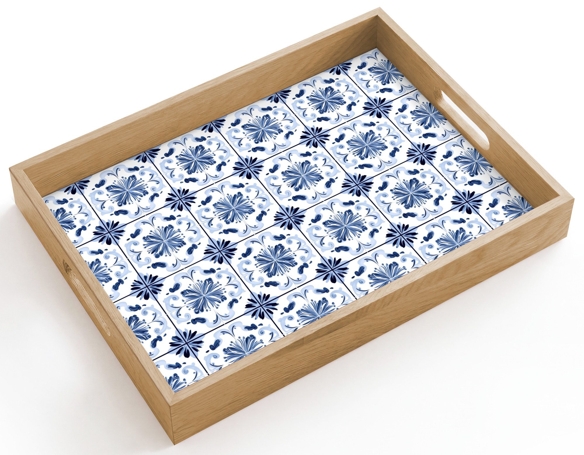 OnlyWow Tablett Rechteckig mit Henkel Muster - Fliese - Blau, Eichenholz, (1-tlg), Siervierplatte, Tray, Frühstücksbrett