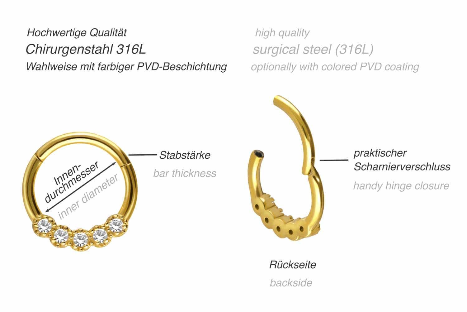 PIERCINGLINE Nasenpiercing Chirurgenstahl Segmentring Clicker 5 KRISTALLE Ohrpiercing Septum Nase (Clicker, 1-tlg), Ohrpiercing für Conch, Helix, Tragus, Daith, Lobe