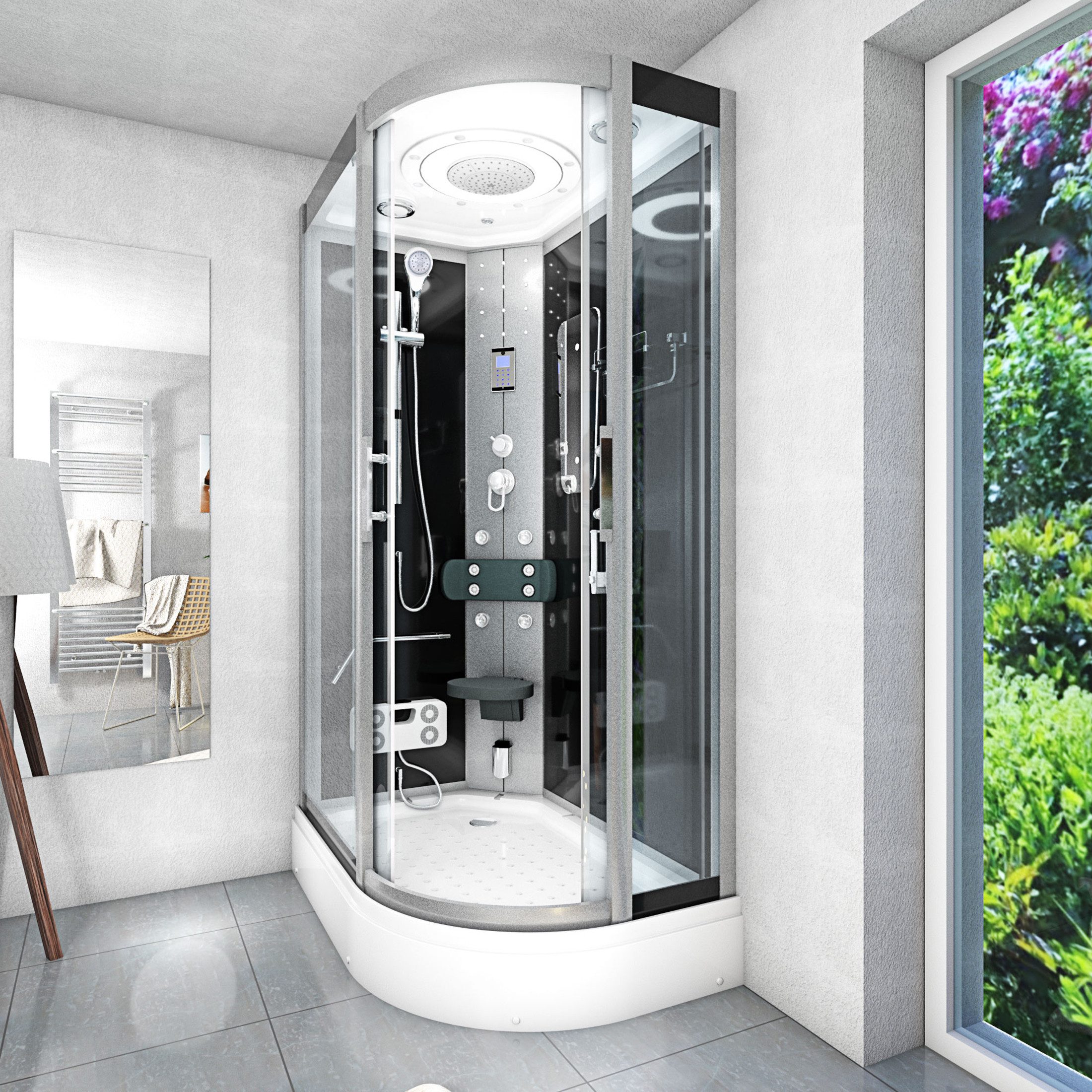 AcquaVapore Dampfdusche Dusche DampfduscheD60-73T2R-ALL sw 80x120, Sicherheitsglas ESG, Höhenverstellbar, Mit Bauanleitung, Mit Beleuchtung, Mit Spiegel, Gehä