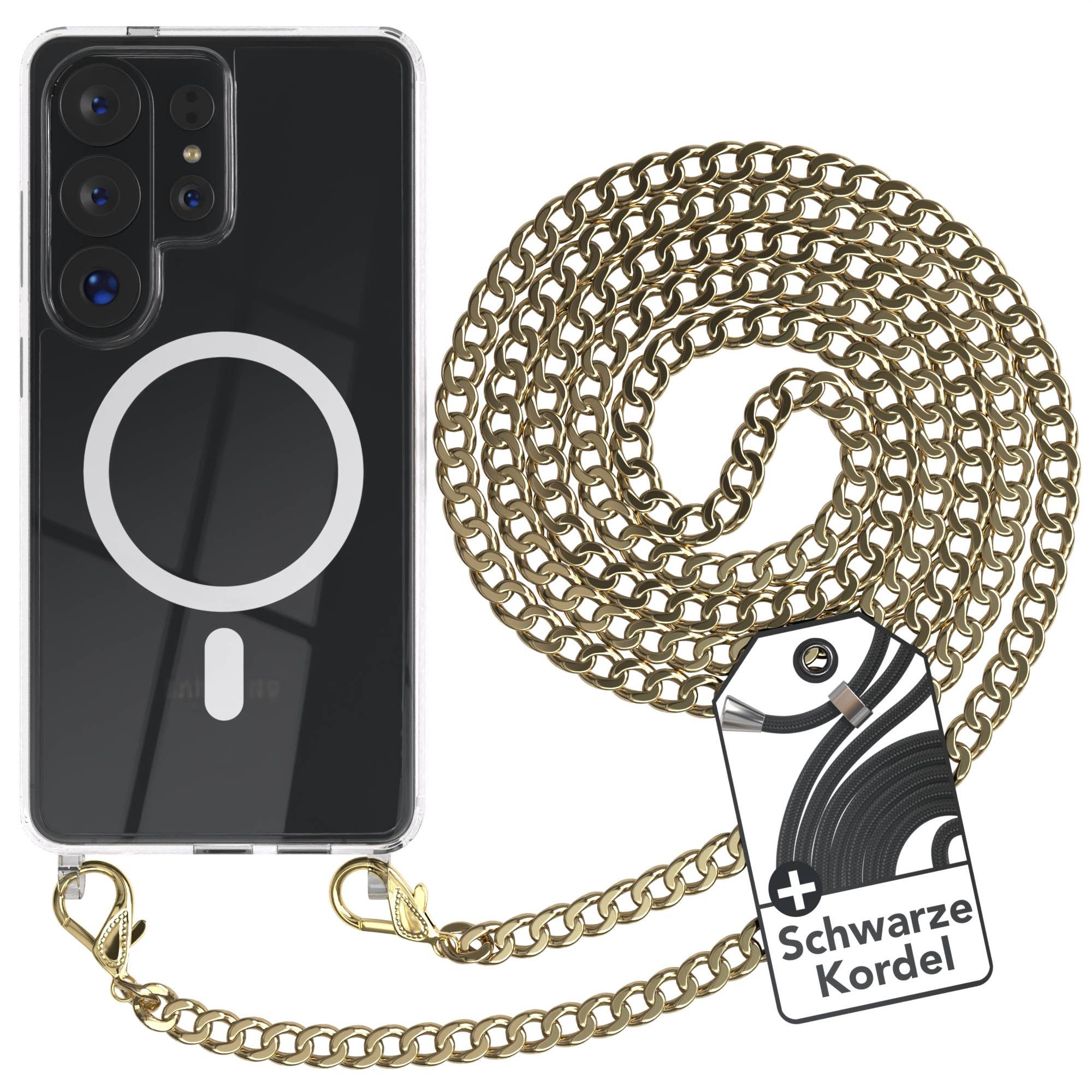 EAZY CASE Handykette Metall mit MagSafe Hülle Samsung Galaxy S26 Ultra 6,9 Zoll, Handyhülle Transparent Smartphonekette für Unterwegs Necklace in Gold