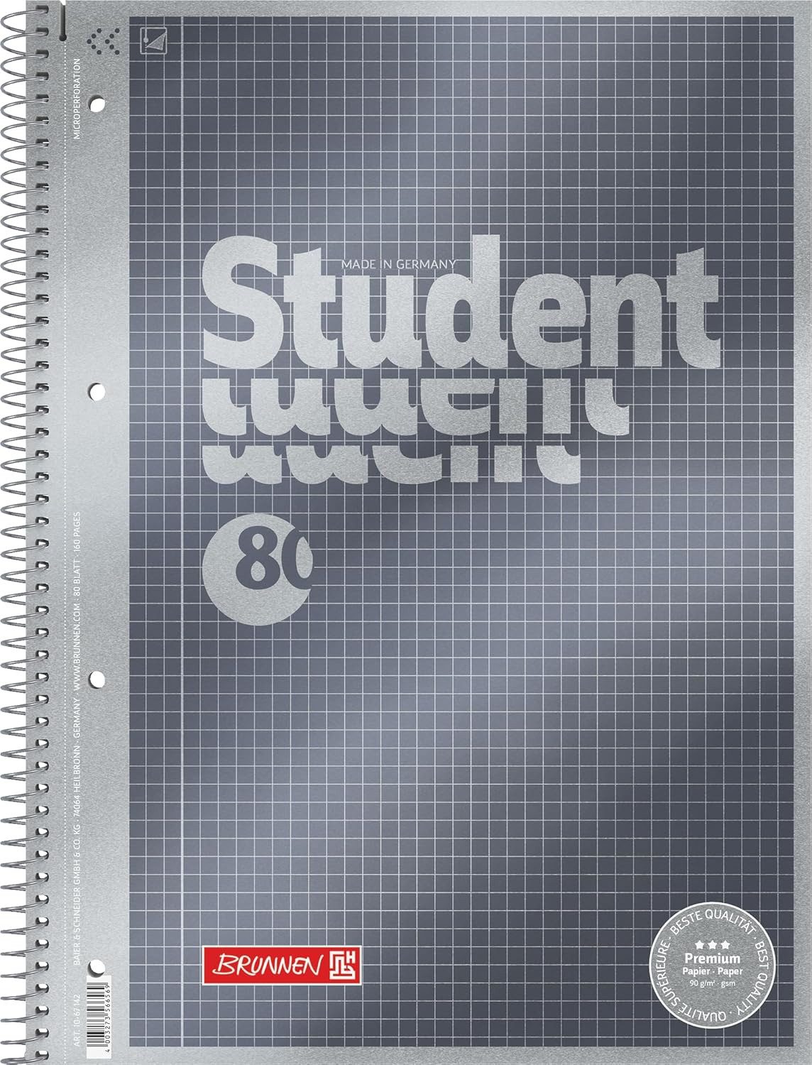 BRUNNEN Schulheft Premium Collegeblock A4 - Kariert 5mm, 80 Blatt Premiumpapier mit Spir