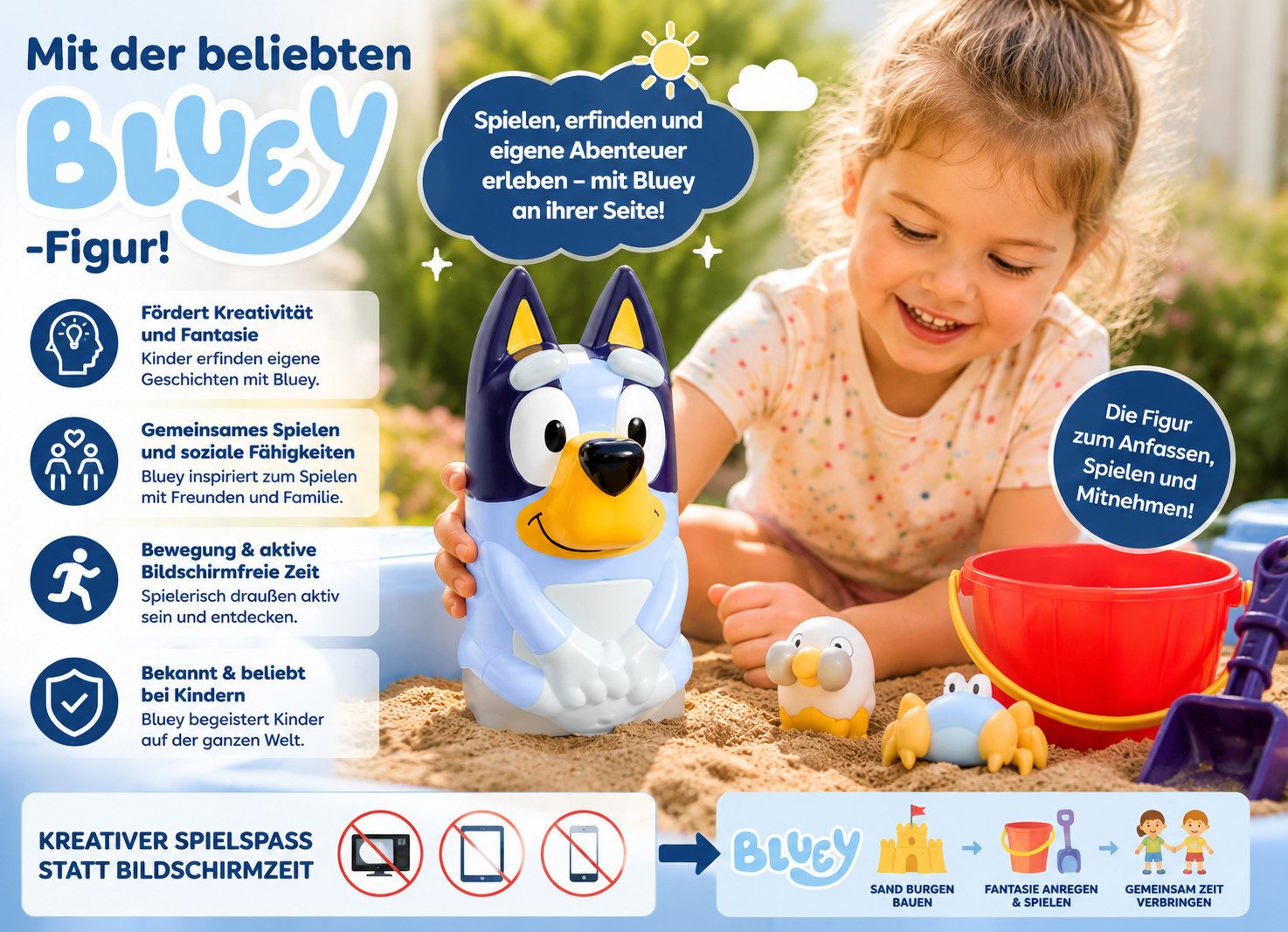 Little Tikes® Sandkasten Bluey Beach Day mit Deckel, Buddelkasten, Sandspielzeug, Garten, (Spielset, 2-tlg., Komplettset mit Zubehör), Abnehmbarer Deckel, 4 Sitzplätze, Bluey Design, Outdoor geeignet