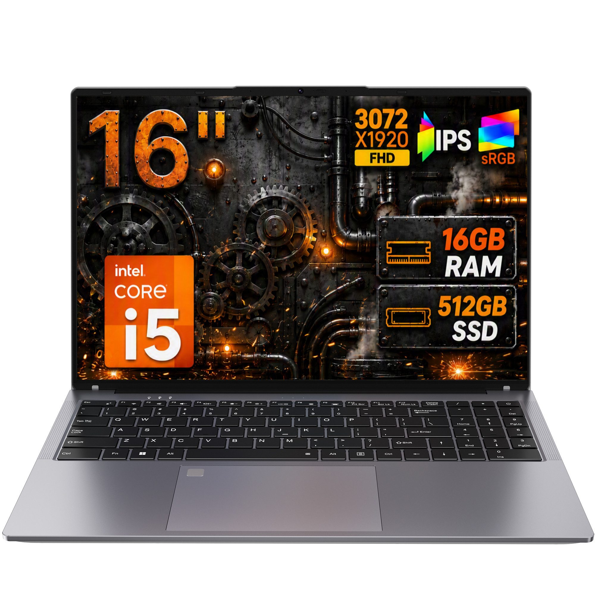 MENGHU 16 Zoll Multimedia-Laptop 3K-Display Intel Core i5 Fingerabdrucksensor Notebook (Intel Core i5, 16 GB, 512 GB SSD, 4-core CPU)