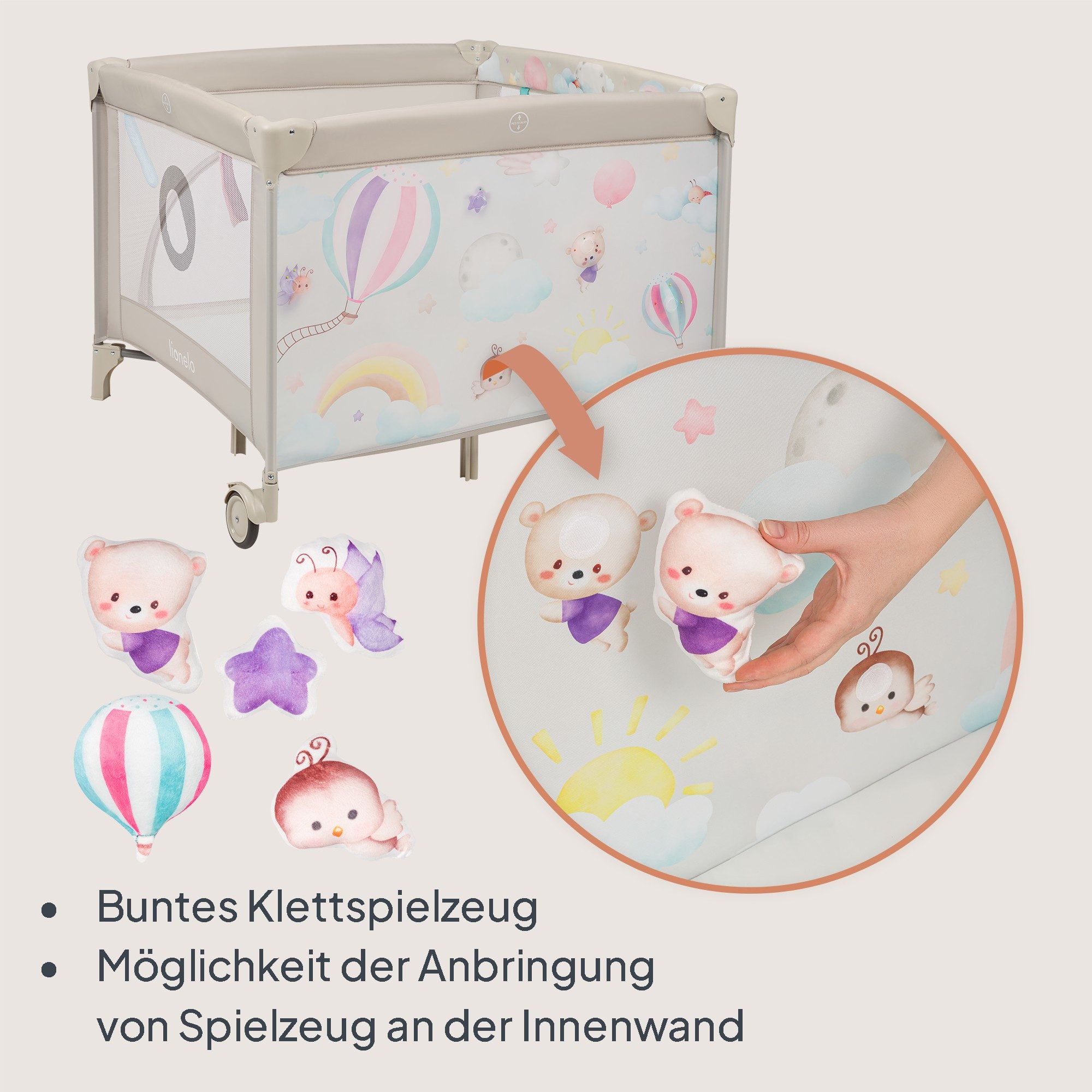 lionelo Laufgitter MILLE PLUS (Set mit Lernmatte und Tragetasche), Matratze/Spielzeug/Lernmatte/Reißverschluss-Eingang/Rollen – Bild 4 von 5