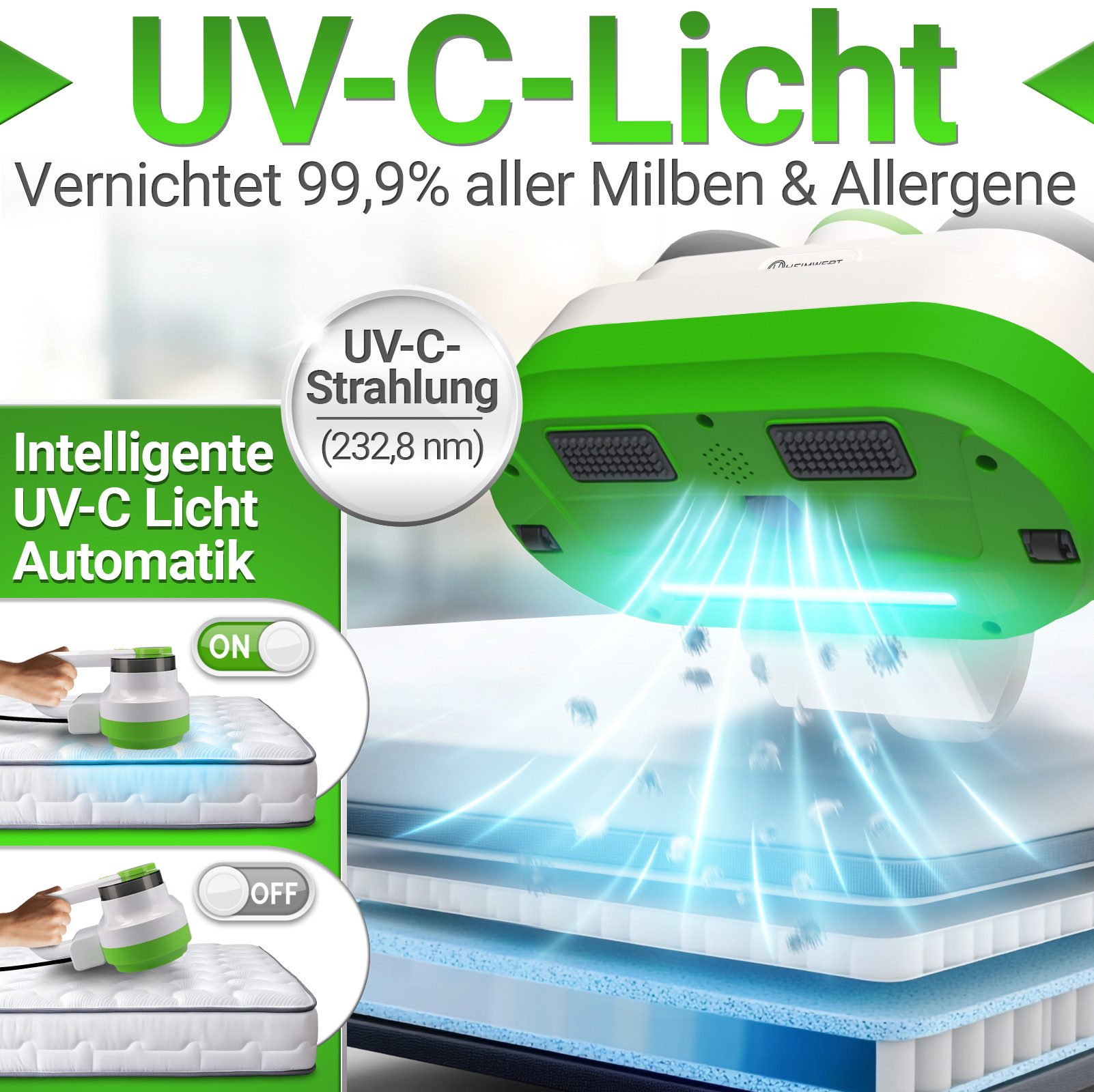 HEIMWERT Handstaubsauger Milbensauger Bettwanzen Milben, 400 W, UV-C Licht & Tiefenvibration, 400W fasertiefe Reinigung