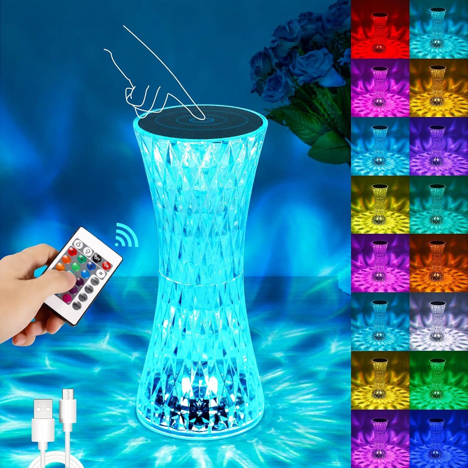 Devenirriche LED Außen-Tischleuchte LED Tischlampe aus Kristall, 10 Farben Rose Rose Crystal Lamp Kristall