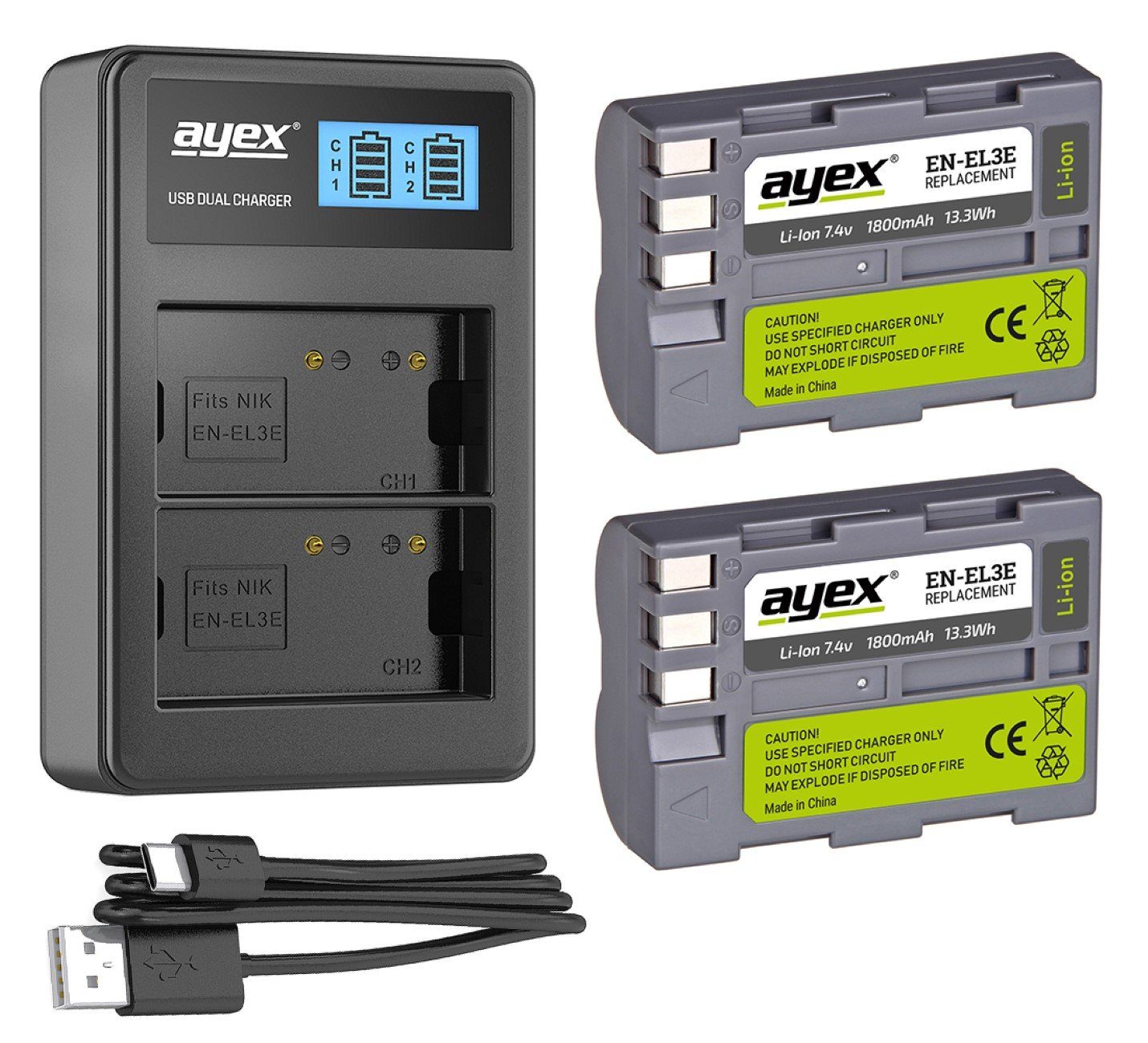 ayex Kamera-Akku Akku Dual-Ladegerät x ayex für ayex USB EN-EL3e u.1 x 2 Nikon