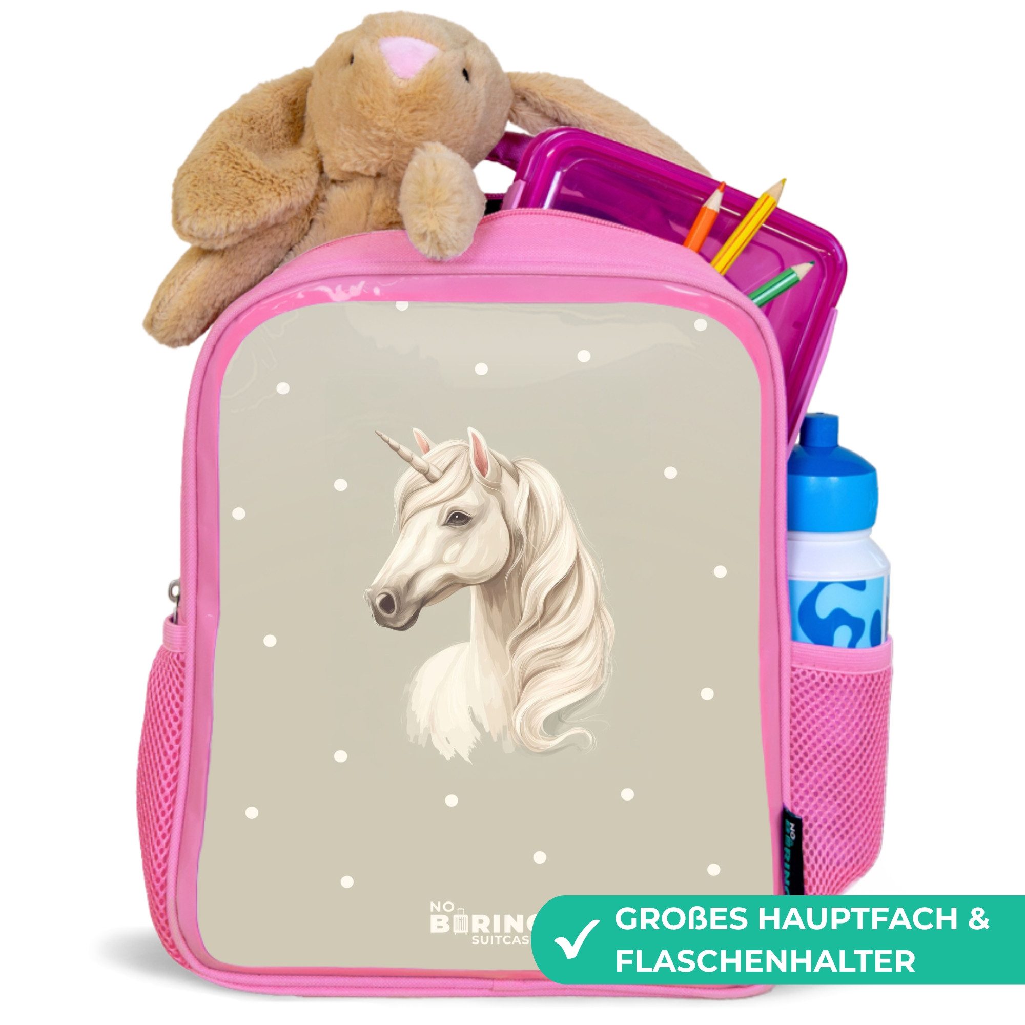 NoBoringSuitcases.com© Rucksack Rosa - Einhorn umgeben von Polka Dots in neutralen Farben, Kinderrucksack, Schulrucksack, Freizeitrucksack, Mädchen, Kindergarten