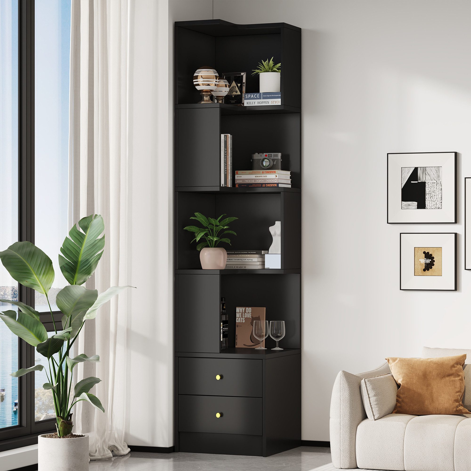 Flieks Bücherregal Standregal Eckregal mit LED-Beleuchtung und 6 Ebenen/5 Ebenen, B63,5/T45/H180 cm 1-tlg., Eckbücherregal mit 4 Fächer&2 Schubladen L-förmig Hochschrank Schwarz