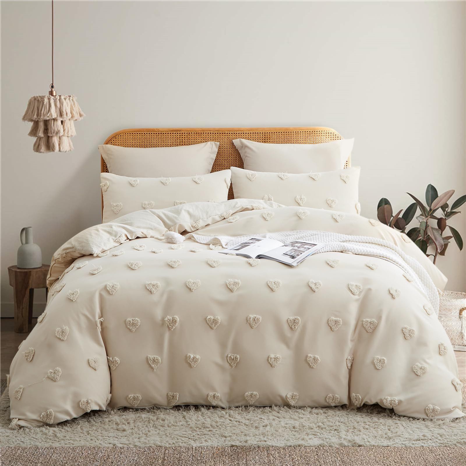 ibettertec Bettwäsche Böhmen Bettwäsche Getuftet Herz Boho Stickerei Shabby Chic 135x200cm, Microfaser Weiche Bettbezug mit Reißverschluss und Kissenbezug 80x80cm