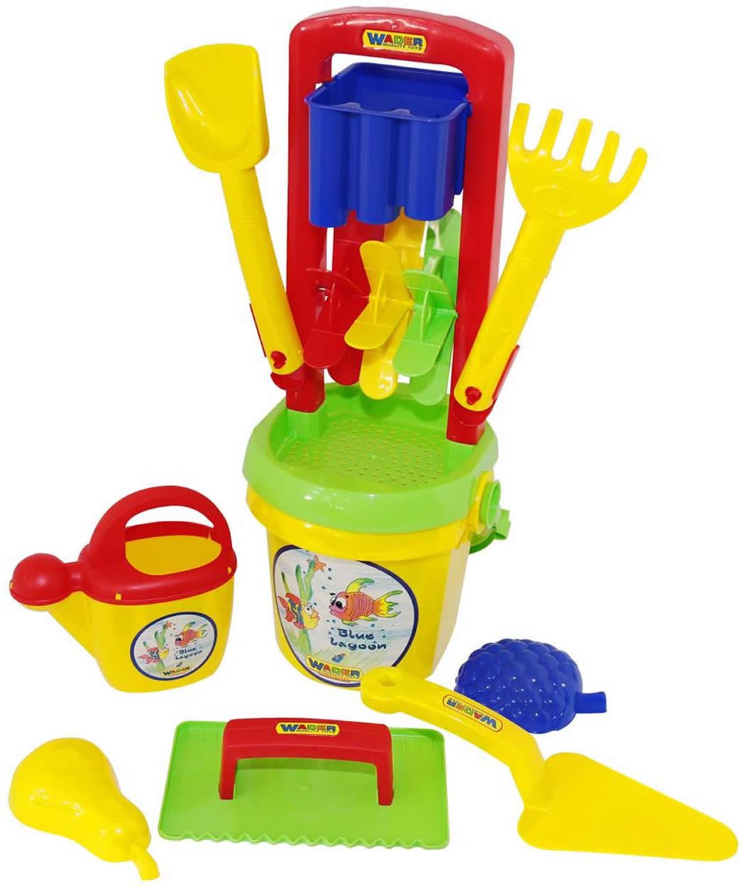 WADER QUALITY TOYS Sandform-Set Eimergarnitur 10-tlg m. Sandrad Schaufel Rechen Förmchen, (Set)