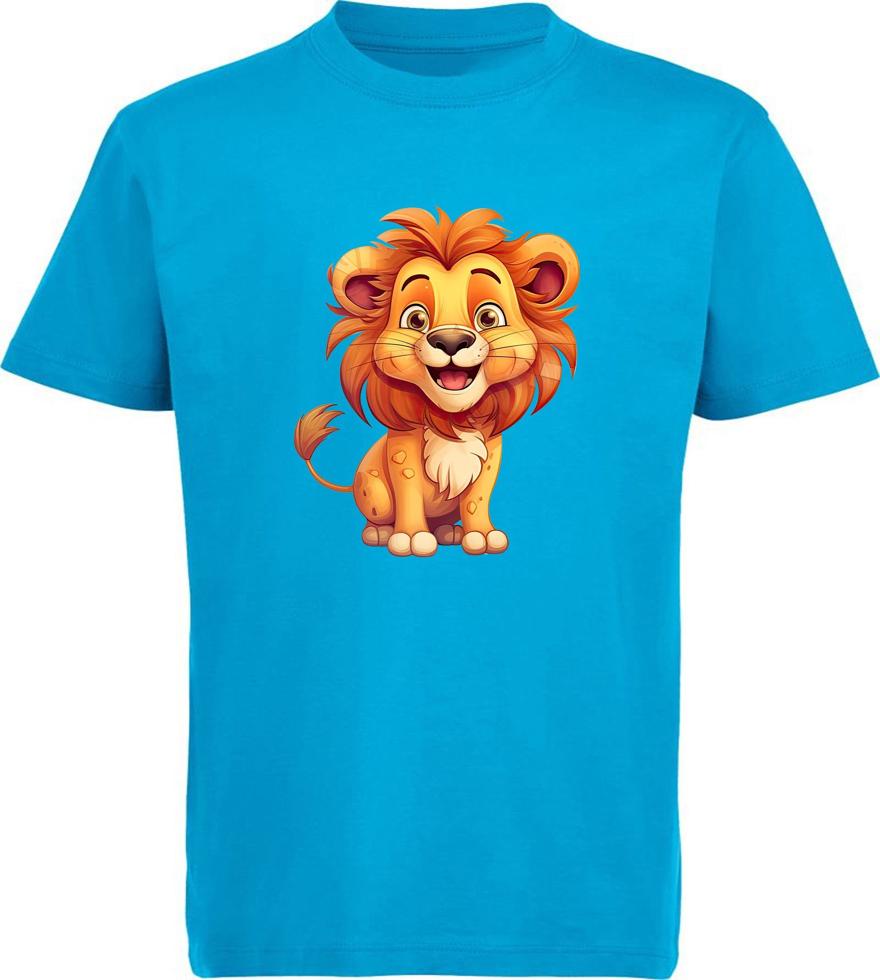 MyDesign24 T-Shirt Kinder Baby Baumwollshirt Shirt blau Löwe - i275 Aufdruck, Wildtier mit aqua bedruckt Print