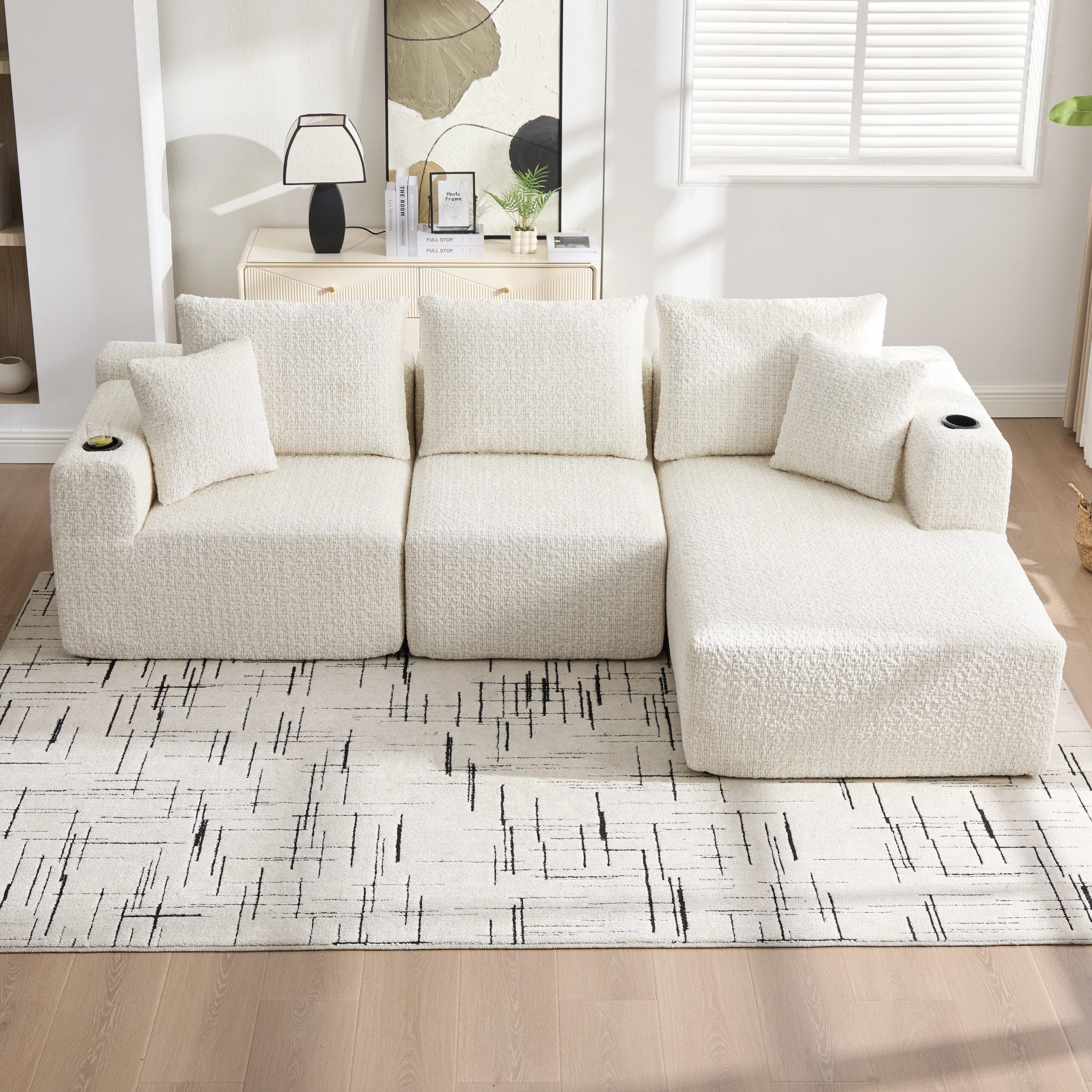 MC Star Ecksofa Moderne 3-Sitzer Memory-Schaum-Sofa mit Getränkehalter & Tasche, knochenloses Ecksofa mit L-förmiger Liege, keine Montage – Maße: 261×165×80.5 cm