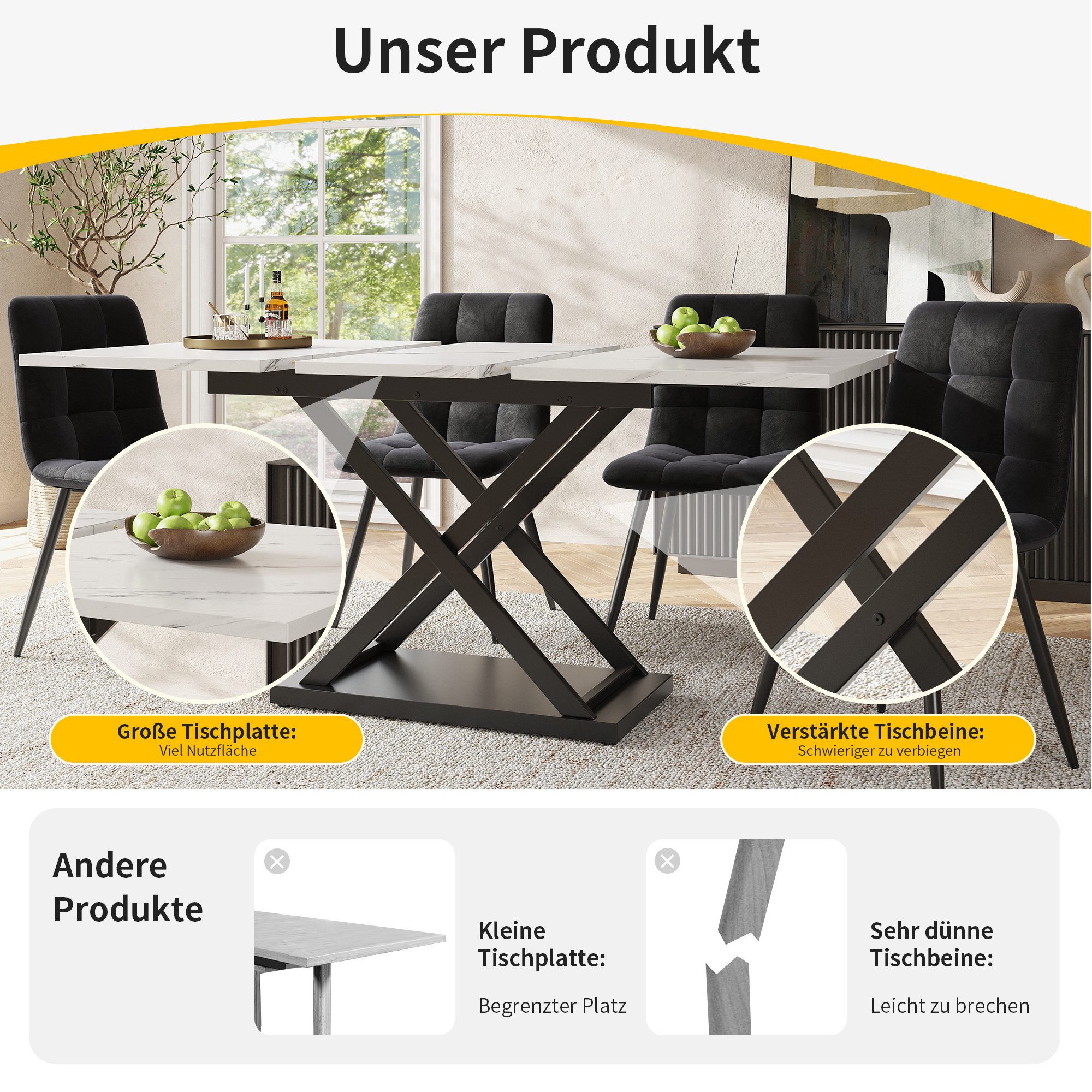 HAUSS SPOLE Essgruppe 5-teilig, Ausziehbares Esstisch mit 4 Stühlen aus Samt, Weiß, (1 Tisch mit 4 Stühlen, 5-tlg., Esstischstühle aus schwarzem Samt), Tischbeine in Kreuzform