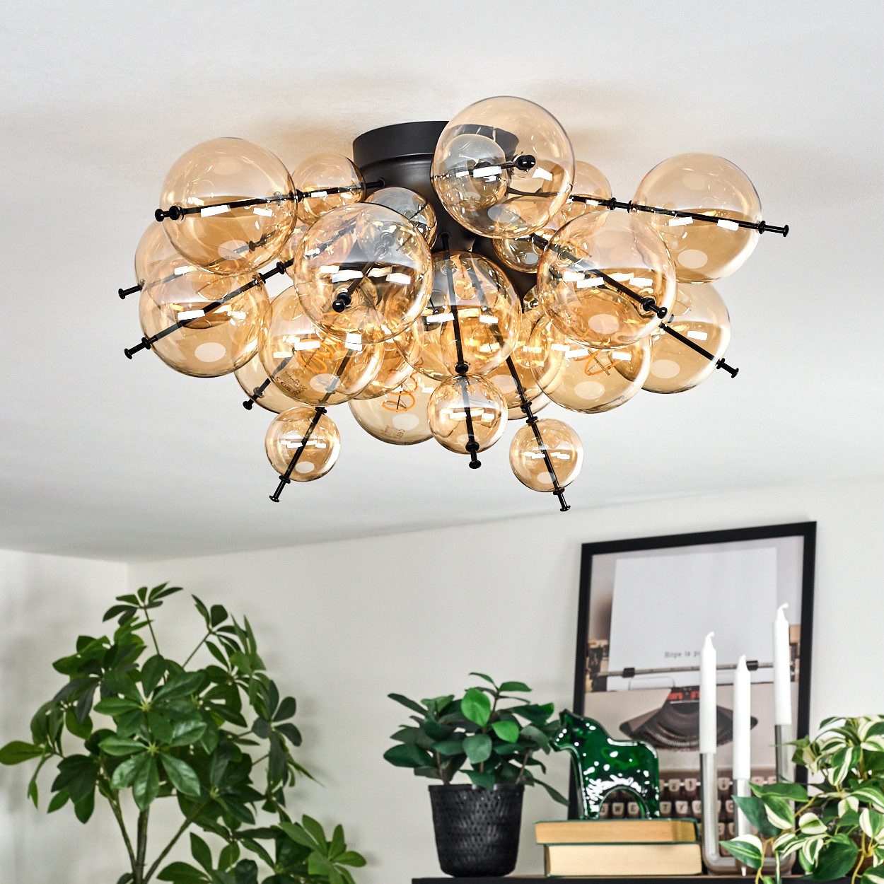 hofstein Deckenleuchte Deckenlampe aus Metall/Glas in Schwarz/Bernsteinfarb günstig online kaufen