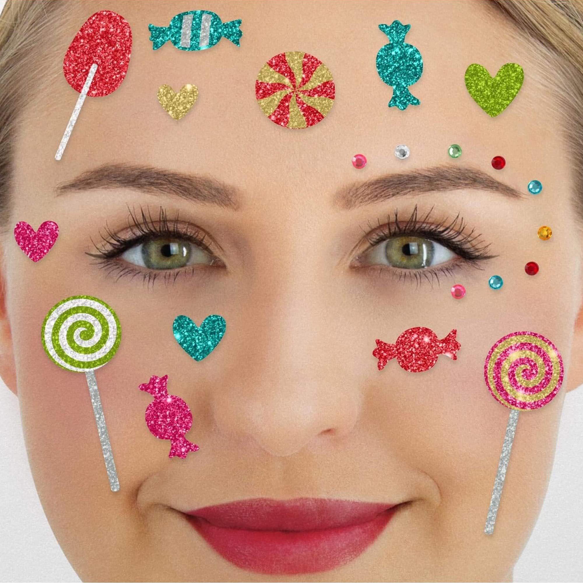 Party Factory Strass-Tattoo Glitter Face Tattoo - Candy Party, mit Glitzerelementen und Strass-Steinchen je nach Wahl
