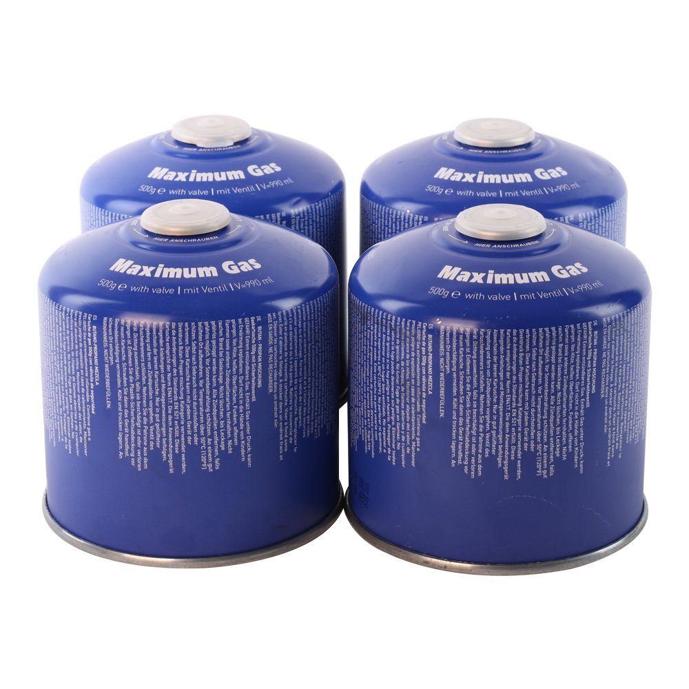 MaXimum Camping-Gas 4 x 500g Schraubkartusche: Sicher, vielseitig & einfach im Gebrauch, Schraubverschluss