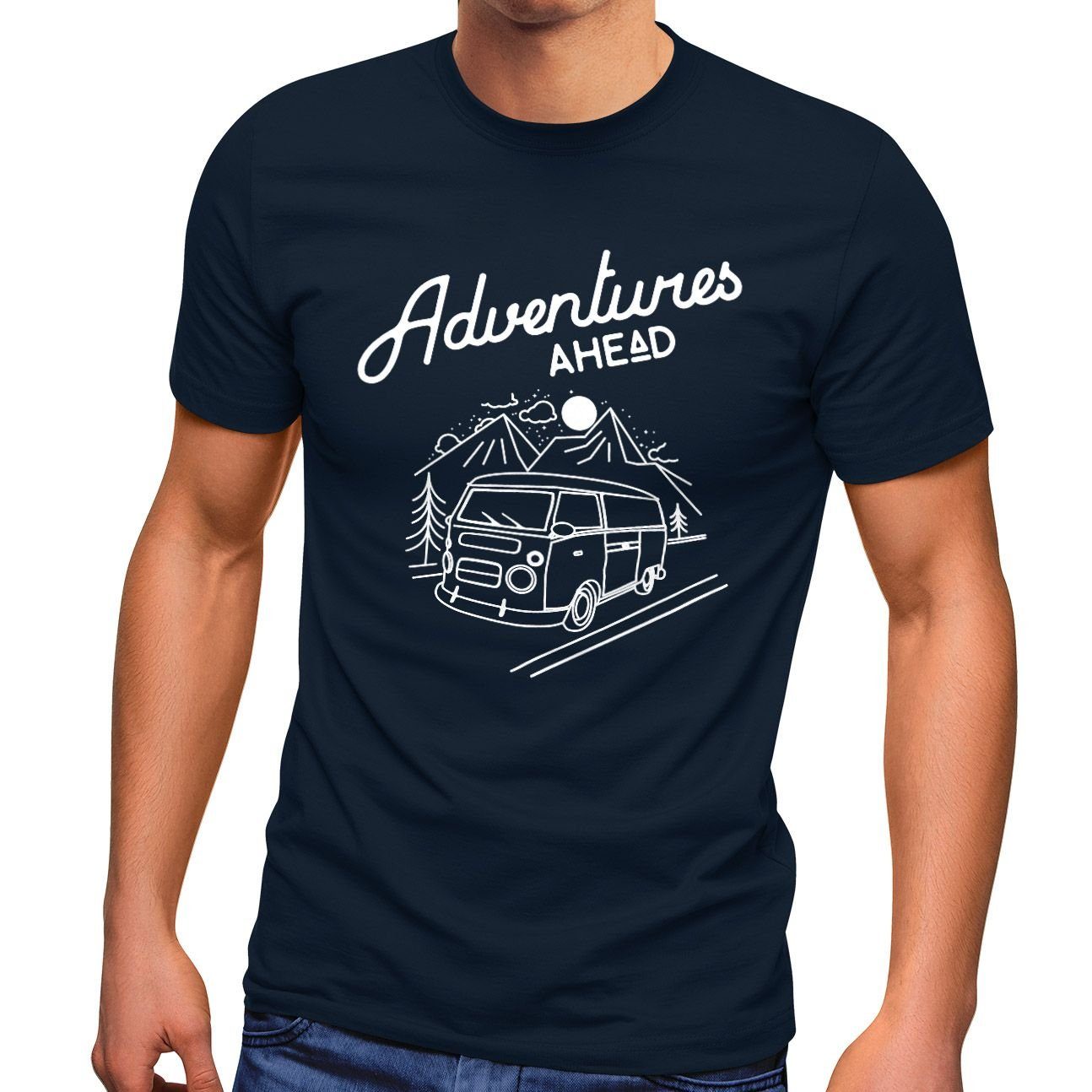 MoonWorks Adventures Moonworks® Herren Retro mit Ahead Abenteuer Bus T-Shirt navy Print Print-Shirt