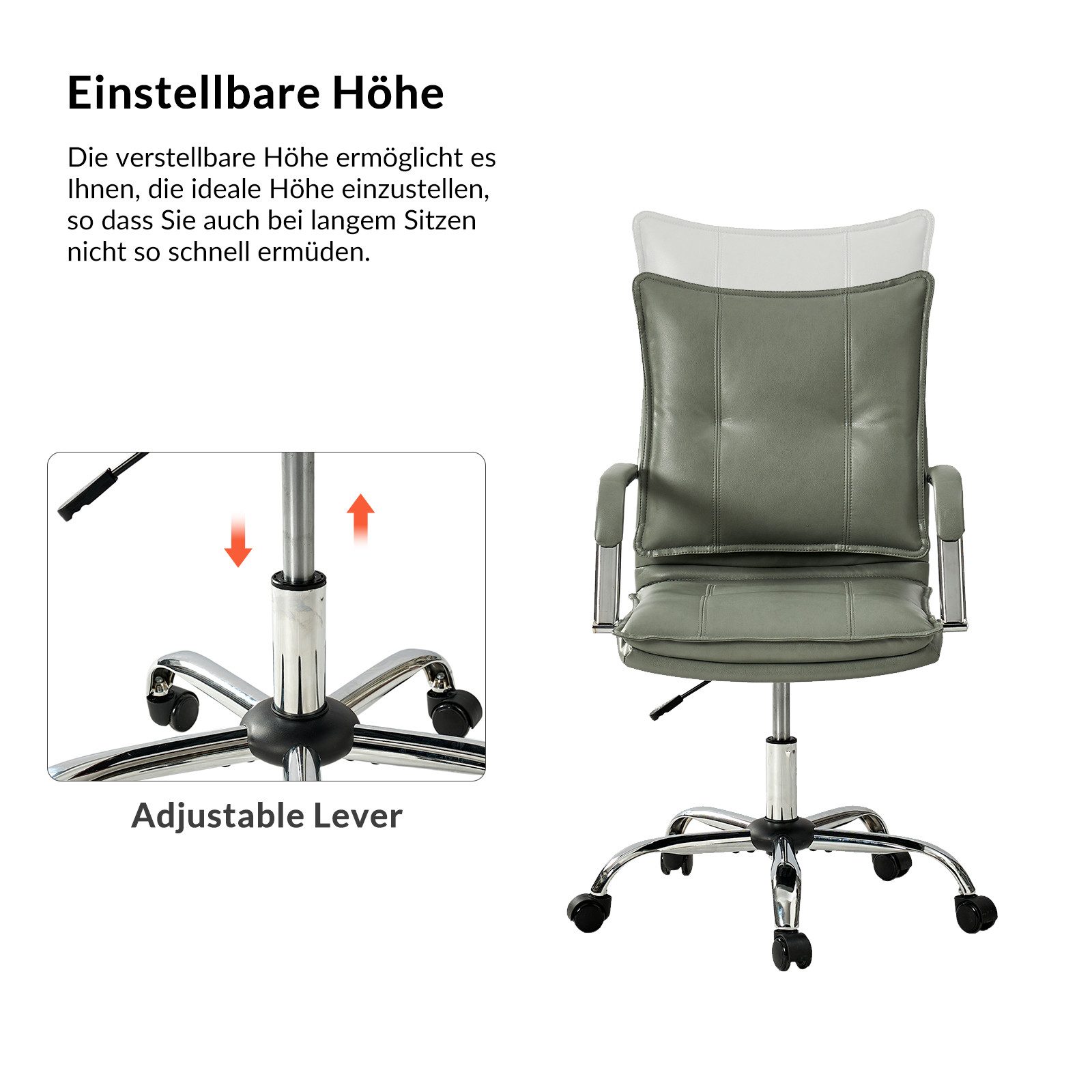 HULALA HOME Bürostuhl Ergonomischer Schreibtischstuhl mit Metallbasis, Leder, mit gepolsterten Armlehnen und SGS-Zertifizierung, grün