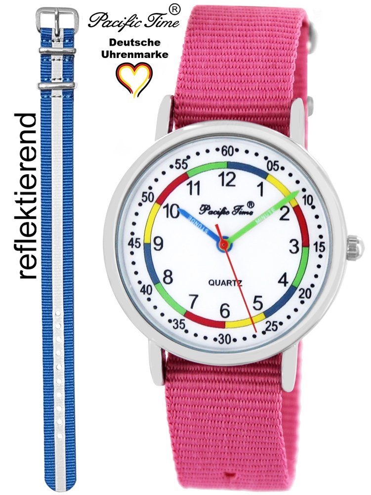 Quarzuhr rosa Lernuhr Time First Pacific Mix Kinder Wechselarmband, und Gratis Armbanduhr - Reflektor Design blau Versand Set und Match