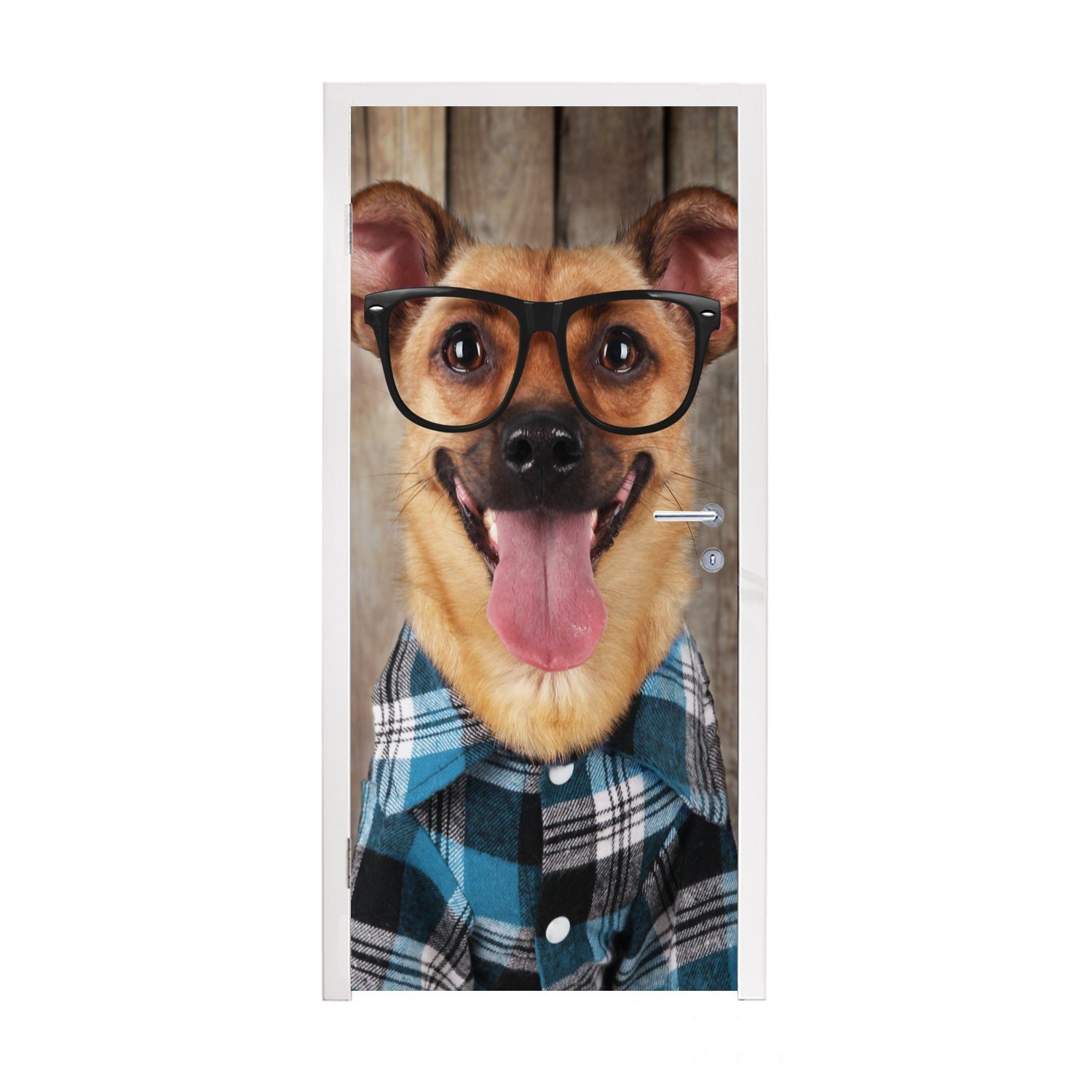 MuchoWow Türtapete Hund - Brille - Bluse - Hipster, Matt, bedruckt, (1 St), Fototapete für Tür, Türaufkleber, 75x205 cm