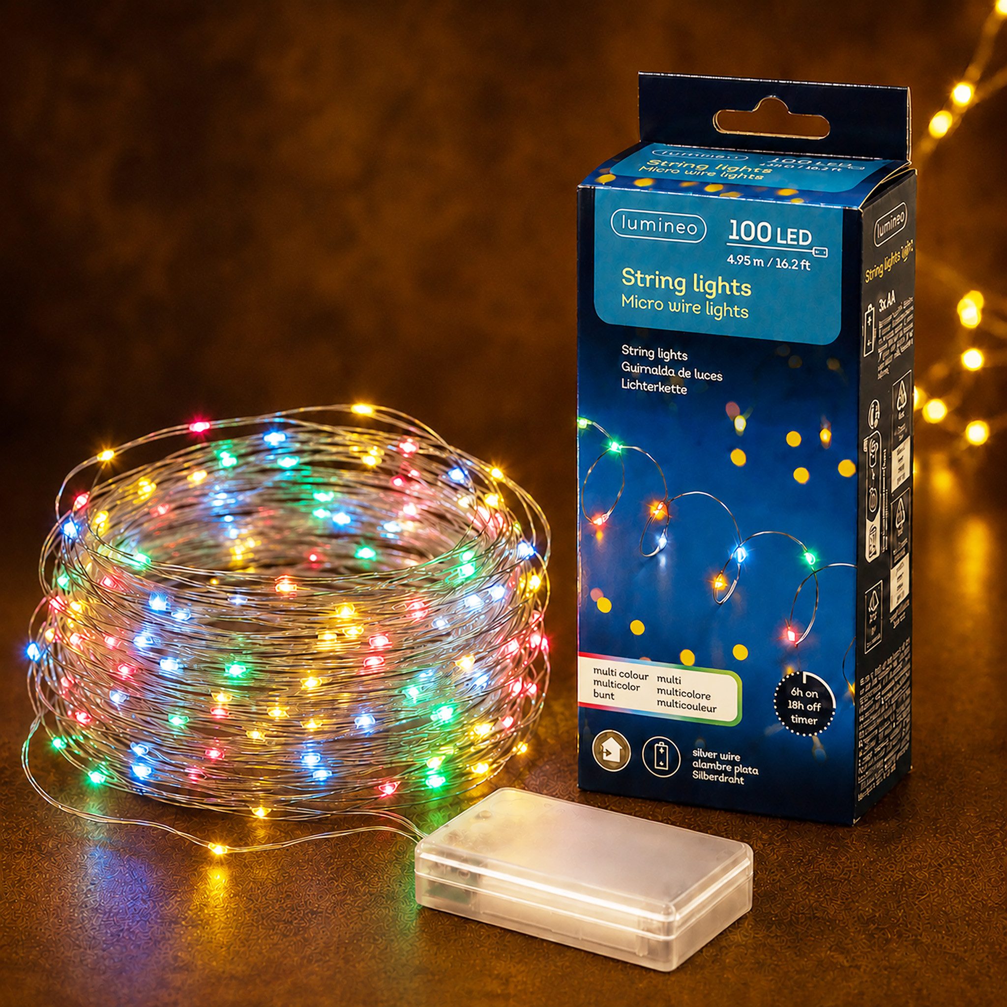 Lumineo LED-Lichterkette, LED Lichterkette mit Timer / Batteriebetrieb 495cm 100 LEDs Bunt