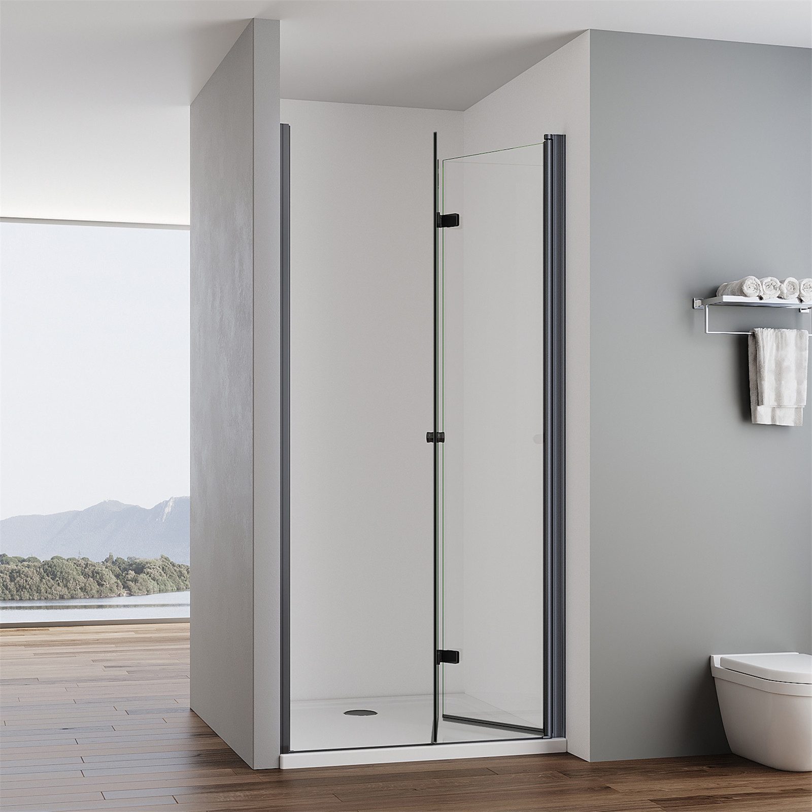 IMPTS Dusch-Falttür Duschtür Falttür 180° Dusche Nischentür Schwarz Duschkabine Drehbar, 70x185 cm, Einscheibensicherheitsglas, Sicherheitsglas, (set) Duschkabine Pendeltür Schwingtür Dusche Falttürkabine Duschabtrennung
