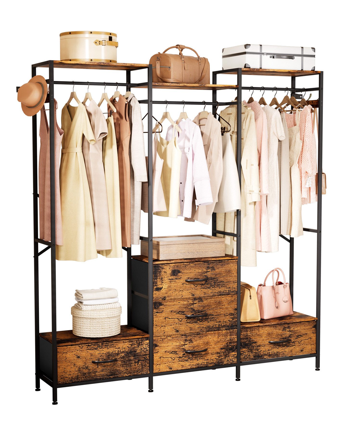 Yorbay Kleiderständer Kleiderregal mit 3 Kleiderstangen, 5 Schubladen & 4 Haken, (151x34x193,6 cm), Ideal als Garderobenständer für Schlafzimmer, Ankleidezimmer