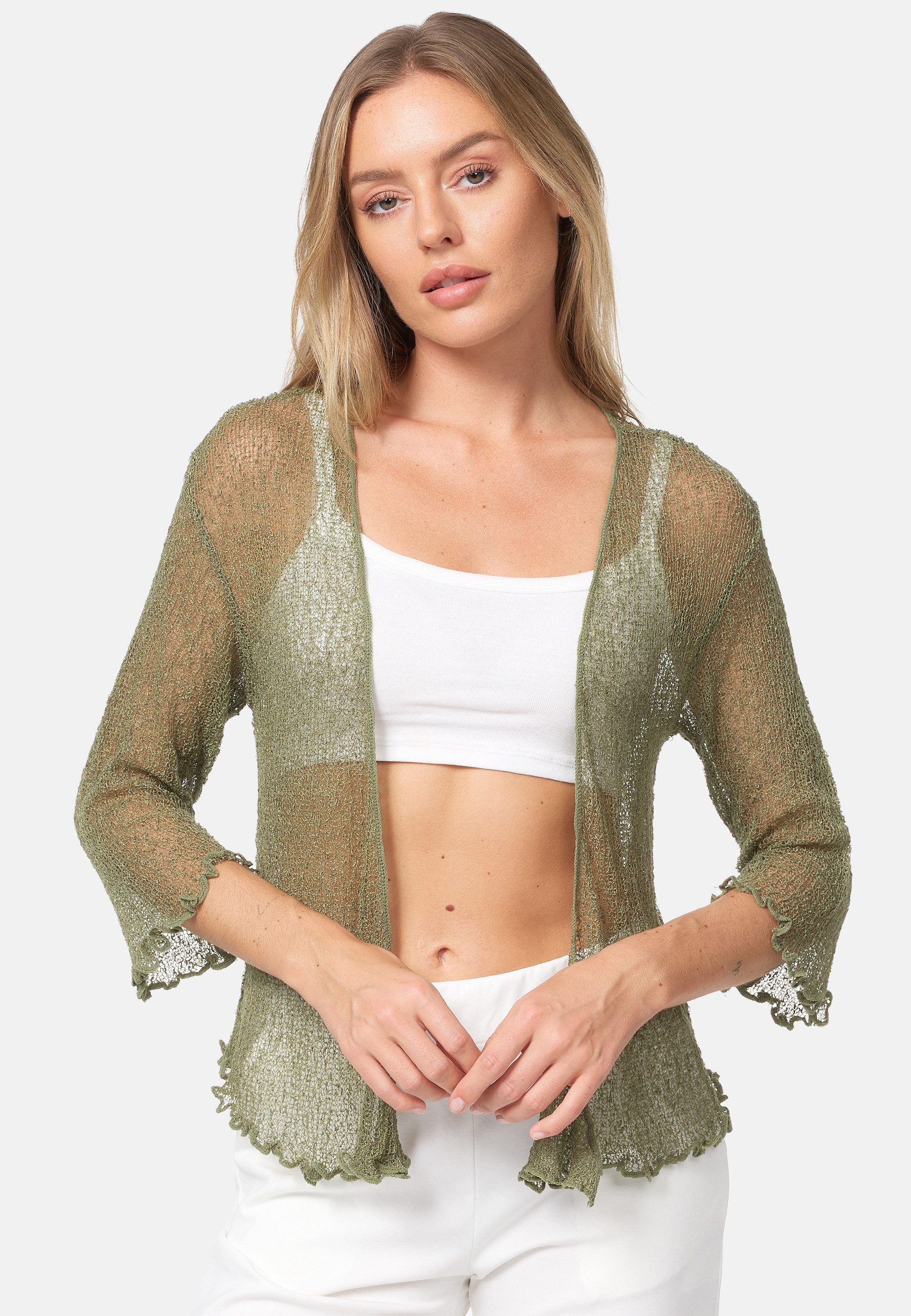 Rayshyne Bolero Bolero Cardigan Transparent Feminin Festlich (leichter Damen Sommerlicher Bolero Strickjacke festlich mit 3/4 Arm)