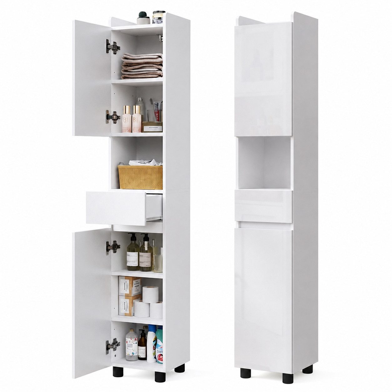 Mondeer Hochschrank Badezimmer (30 x 30 x 170 cm für Kleine Räume) Mit 2 verstellbaren Ablagen, 1 Schublade und offenen Fächern Weiß
