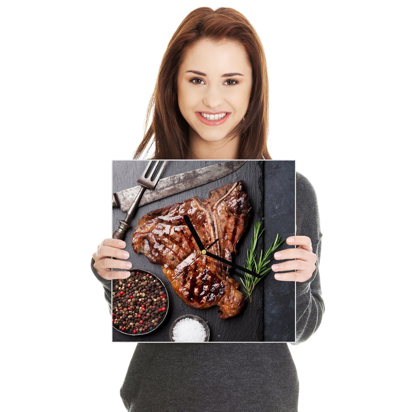 Primedeco Gegrilltes mit Glasuhr Größe Wanduhr Steak 30 Motiv Wanduhr x Wandkunst T-Bone 30 cm